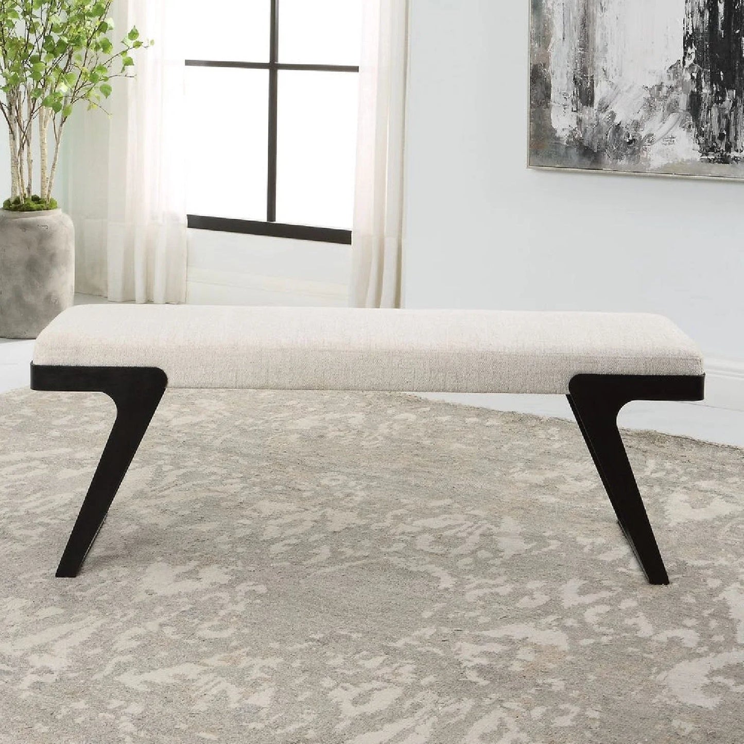 Luxury Ivory Chenille Boucle Bench European Style for Villa