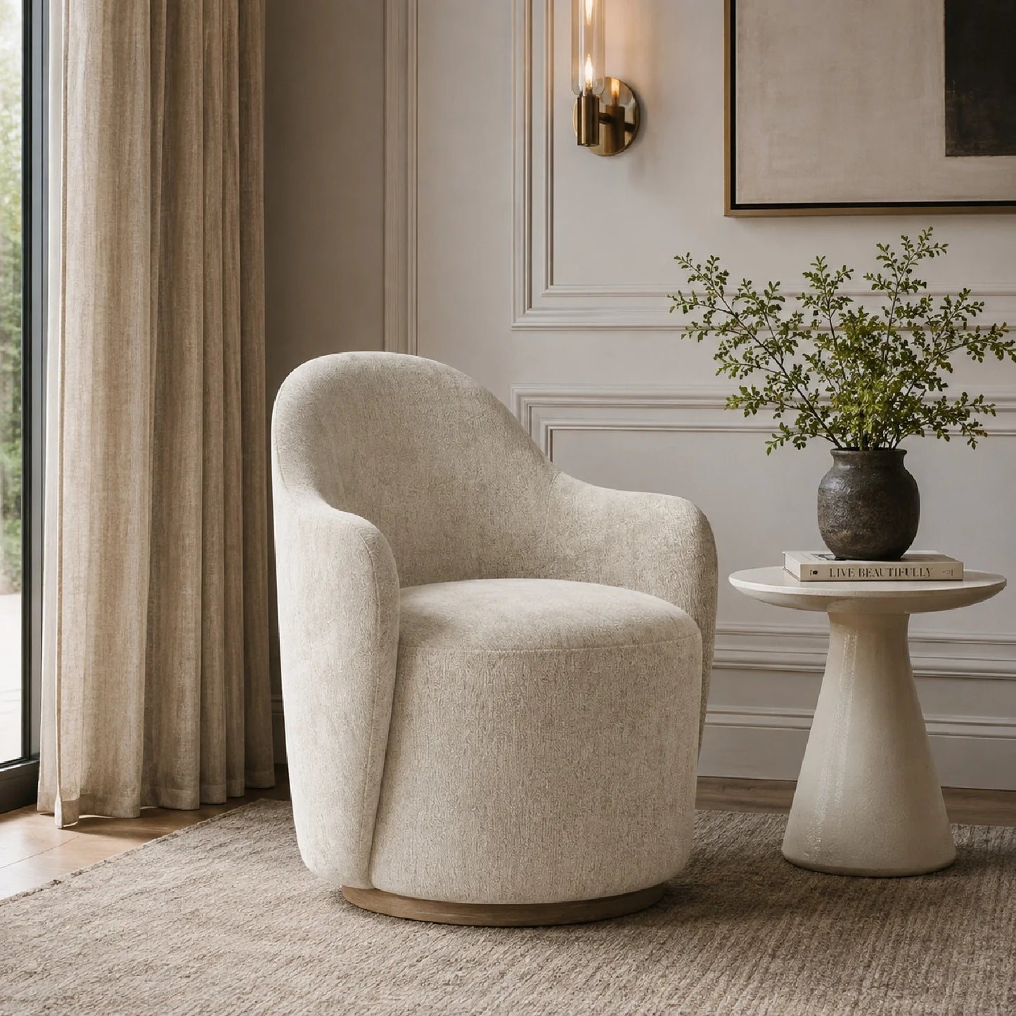 Luxury Ivory Fabric Swivel Lounge Chair Modern Italian Style for Villa