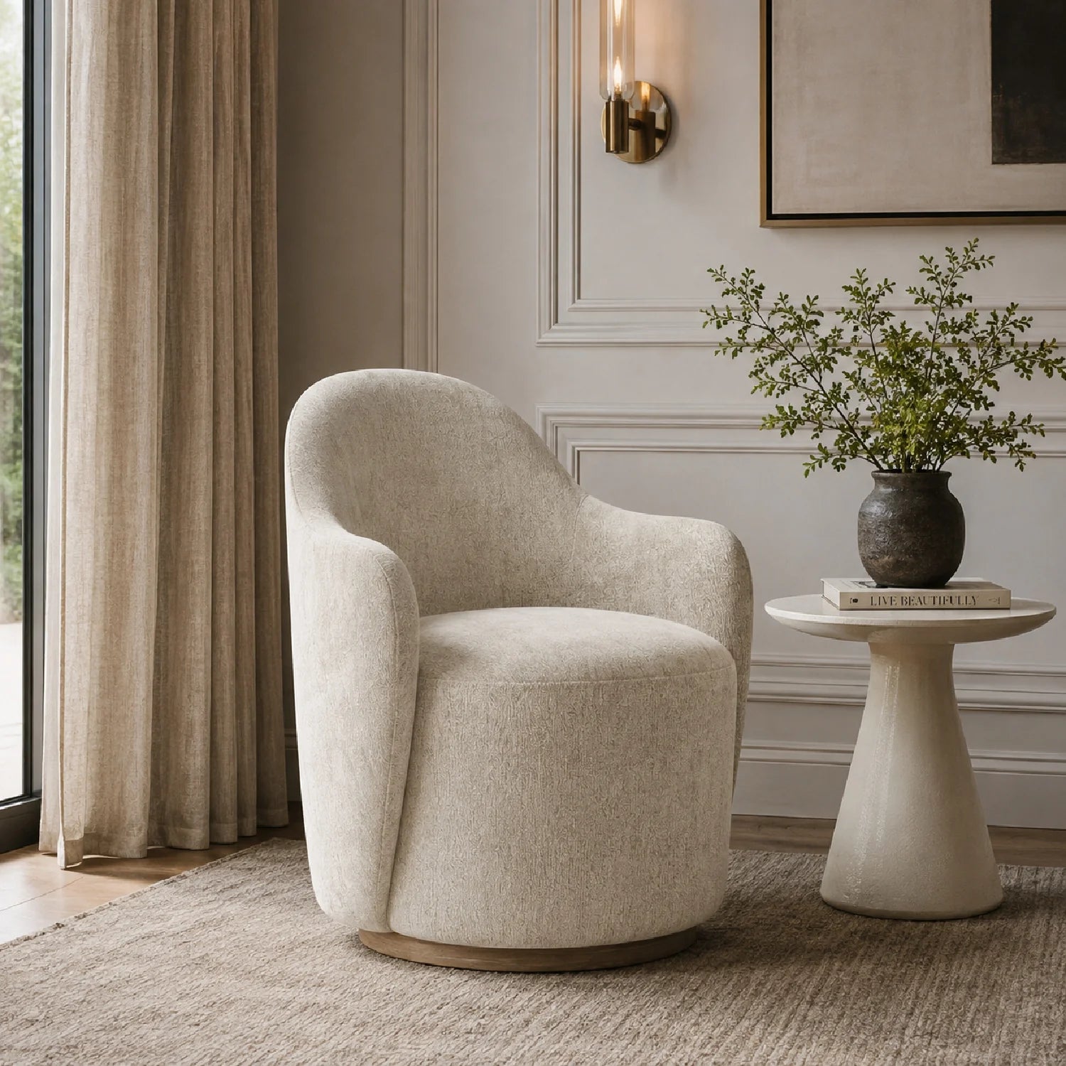 Luxury Ivory Fabric Swivel Lounge Chair Modern Italian Style for Villa