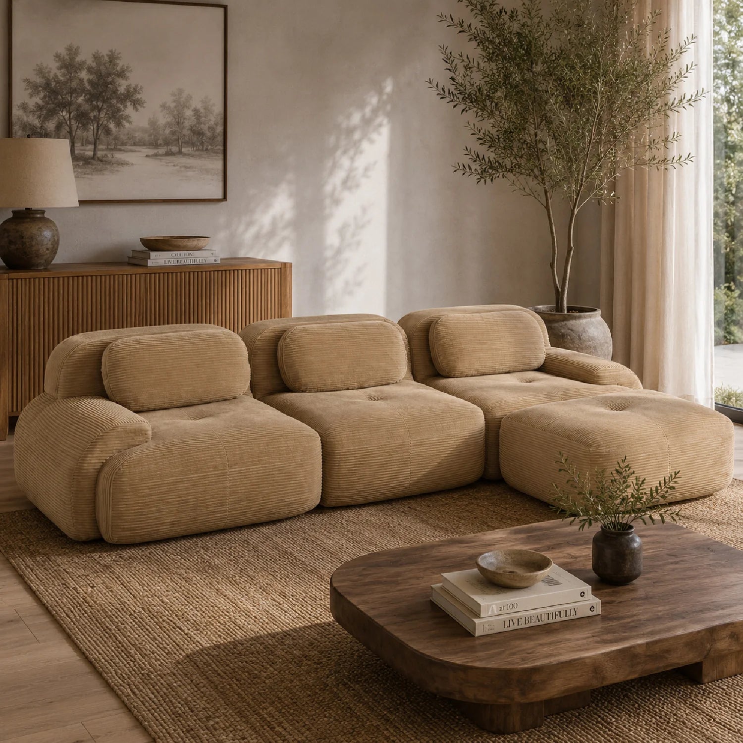 Luxury L-Shaped Camel Fabric Sectional Sofa Modern Italian Style for Villa