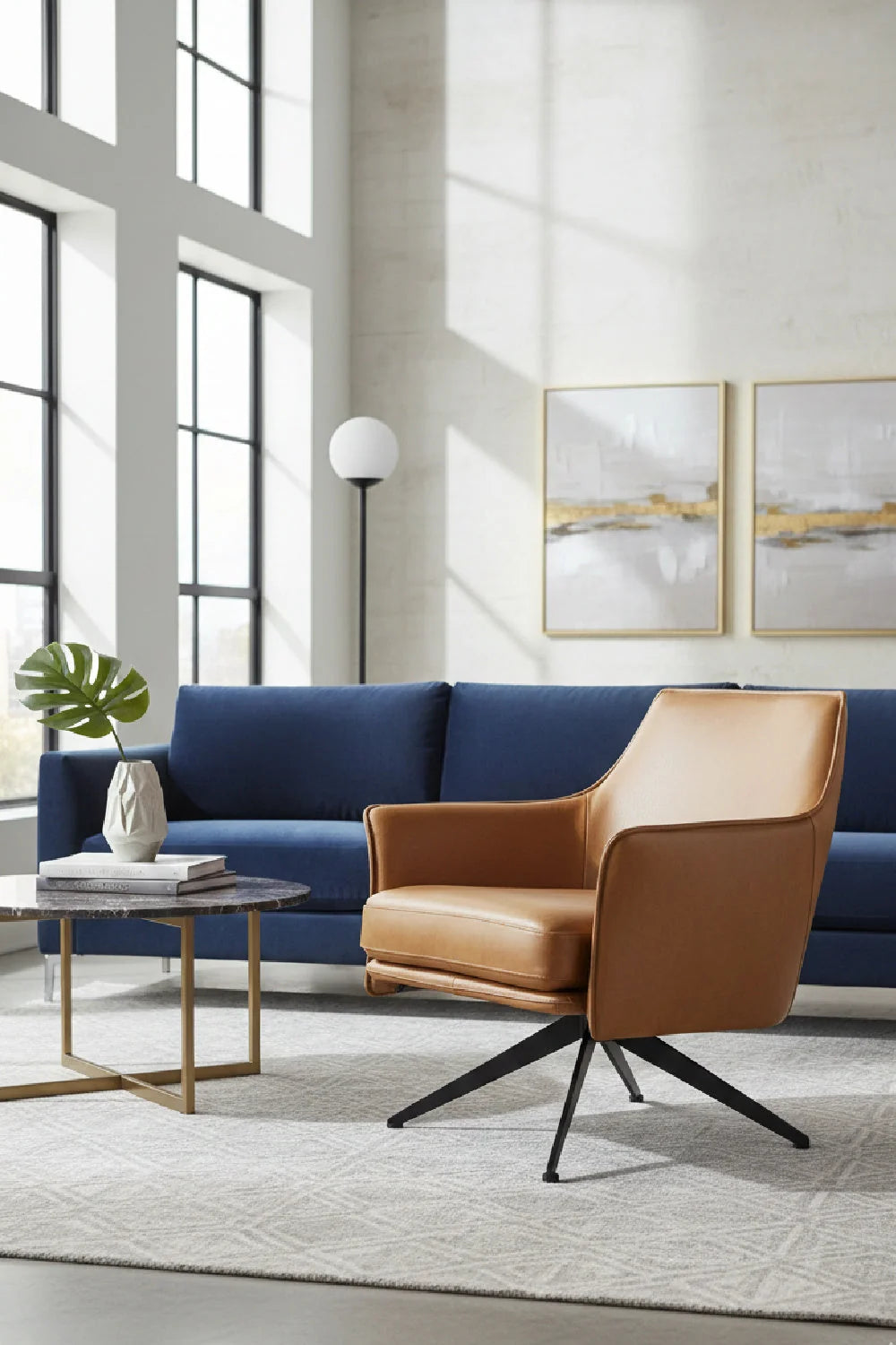 Luxury Leather Swivel Lounge Chair Modern Italian Style for Villa
