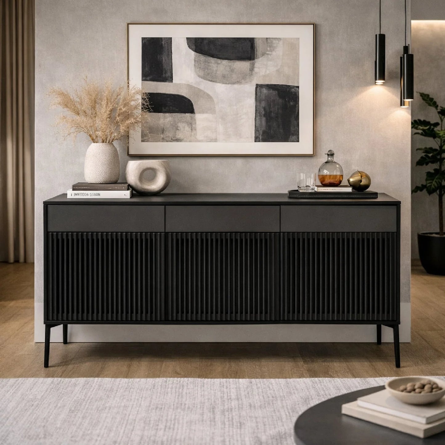 Luxury Louvered Black Oak Sideboard European Style for Villa