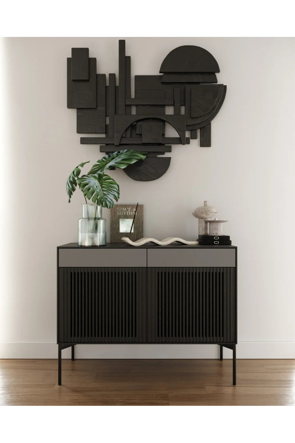 Luxury Louvered Black Oak Sideboard European Style for Villa