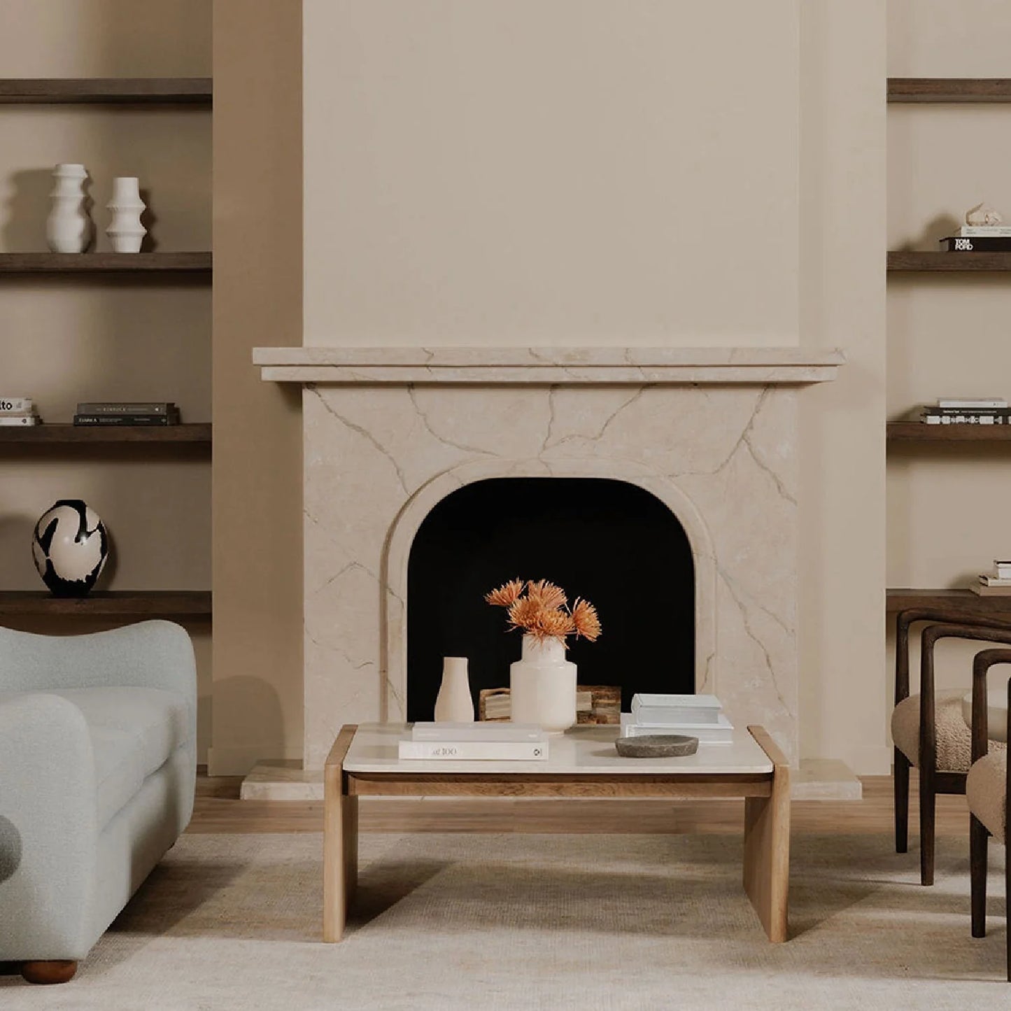 Luxury Marble Inset Oak Coffee Table Modern Italian Style for Villa