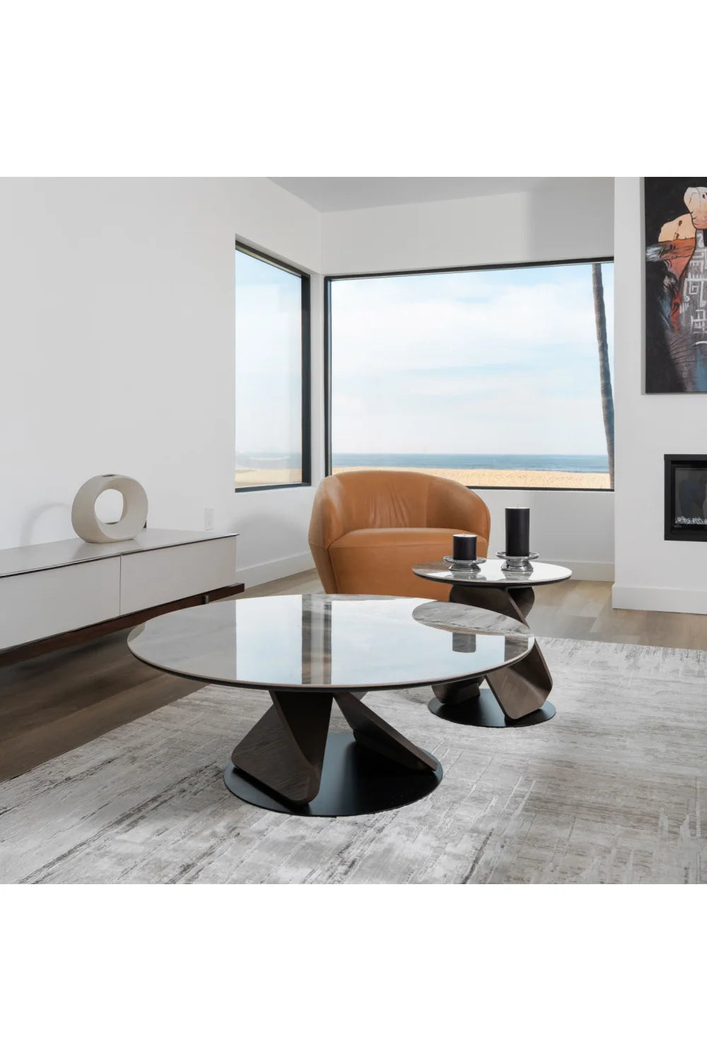 Luxury Marbled Ceramic Round Coffee Table Set Modern Italian Style for Villa
