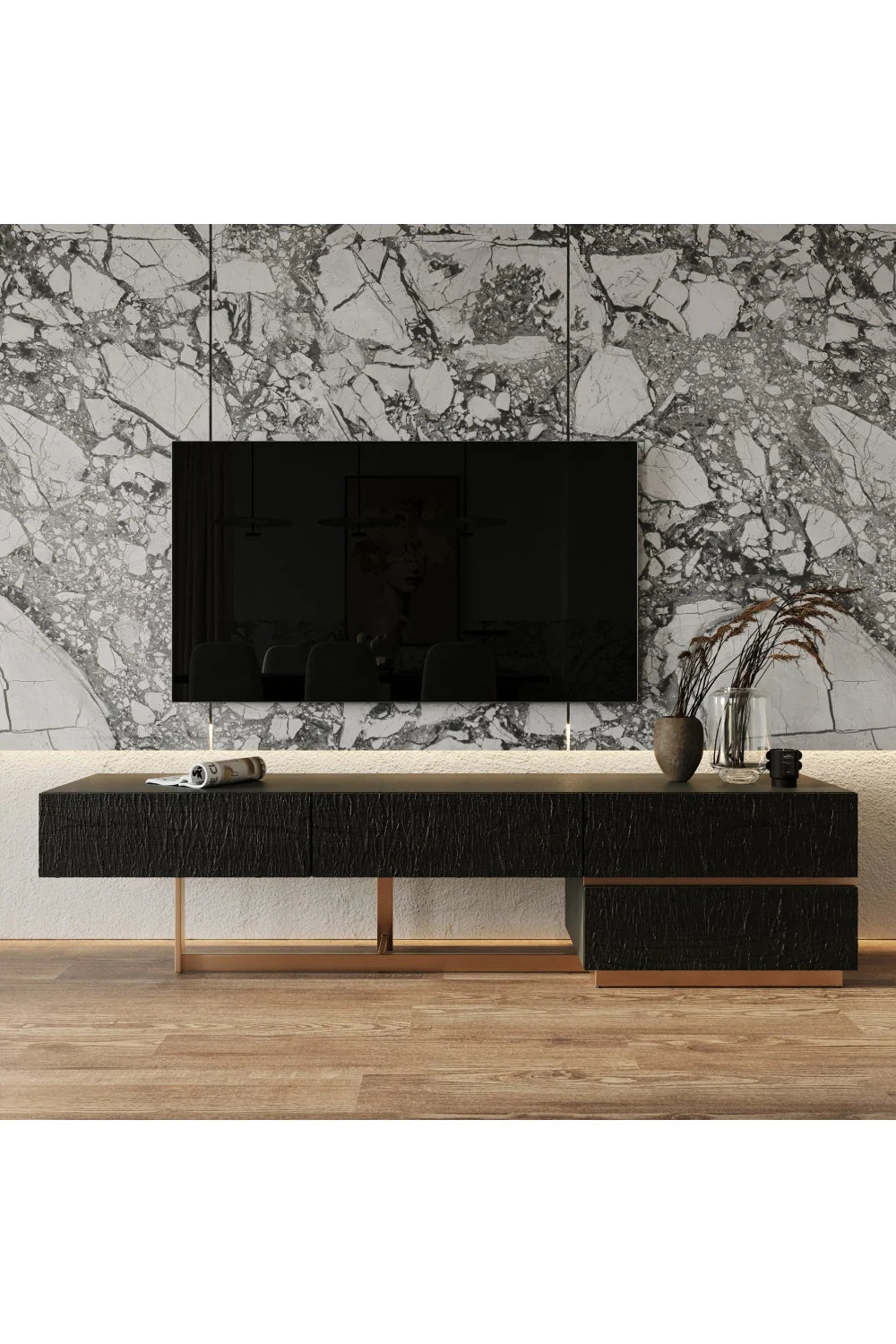 Luxury Matte Black Ash TV Stand Modern Italian Style for Villa