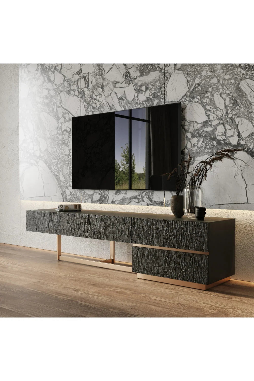 Luxury Matte Black Ash TV Stand Modern Italian Style for Villa