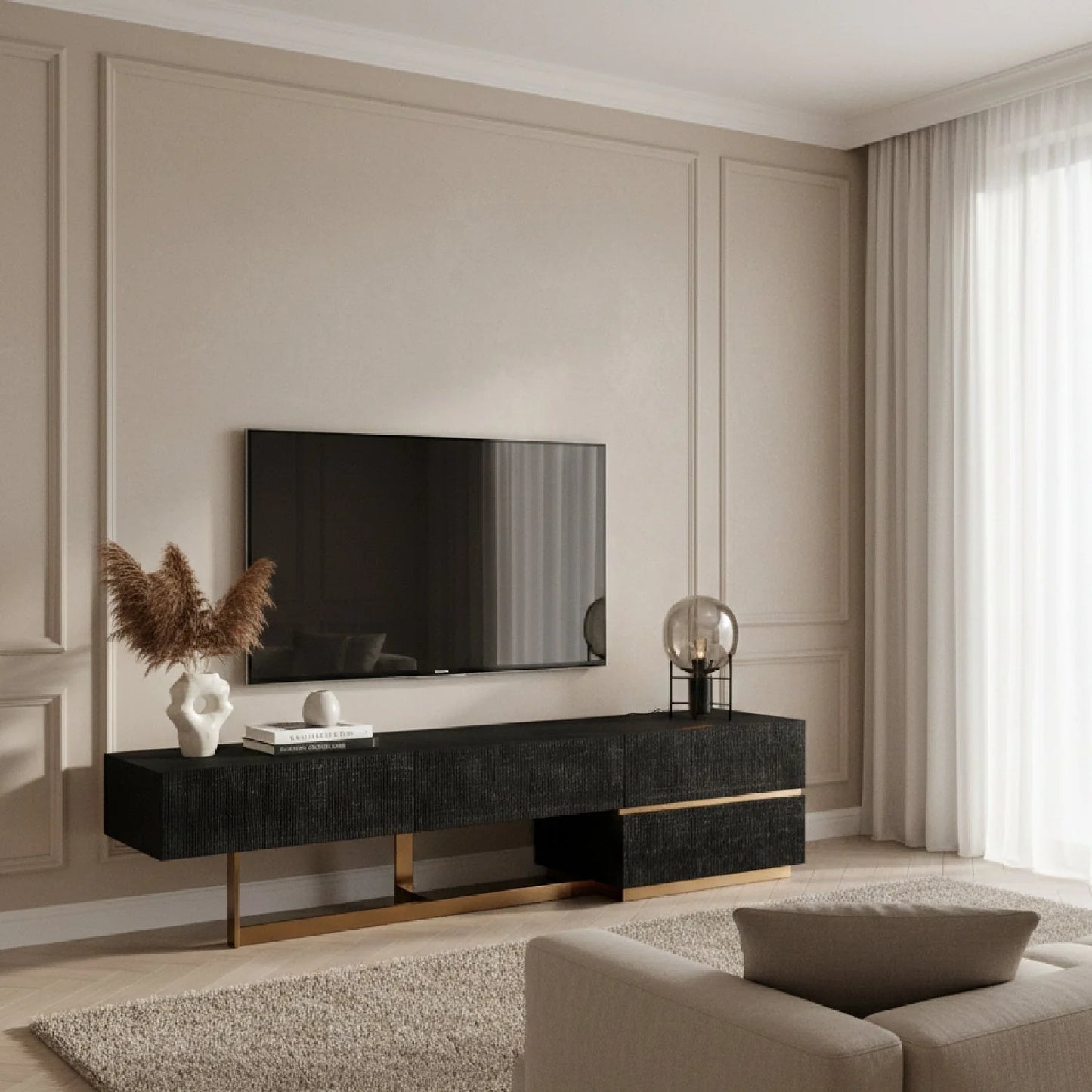 Luxury Matte Black Ash TV Stand Modern Italian Style for Villa