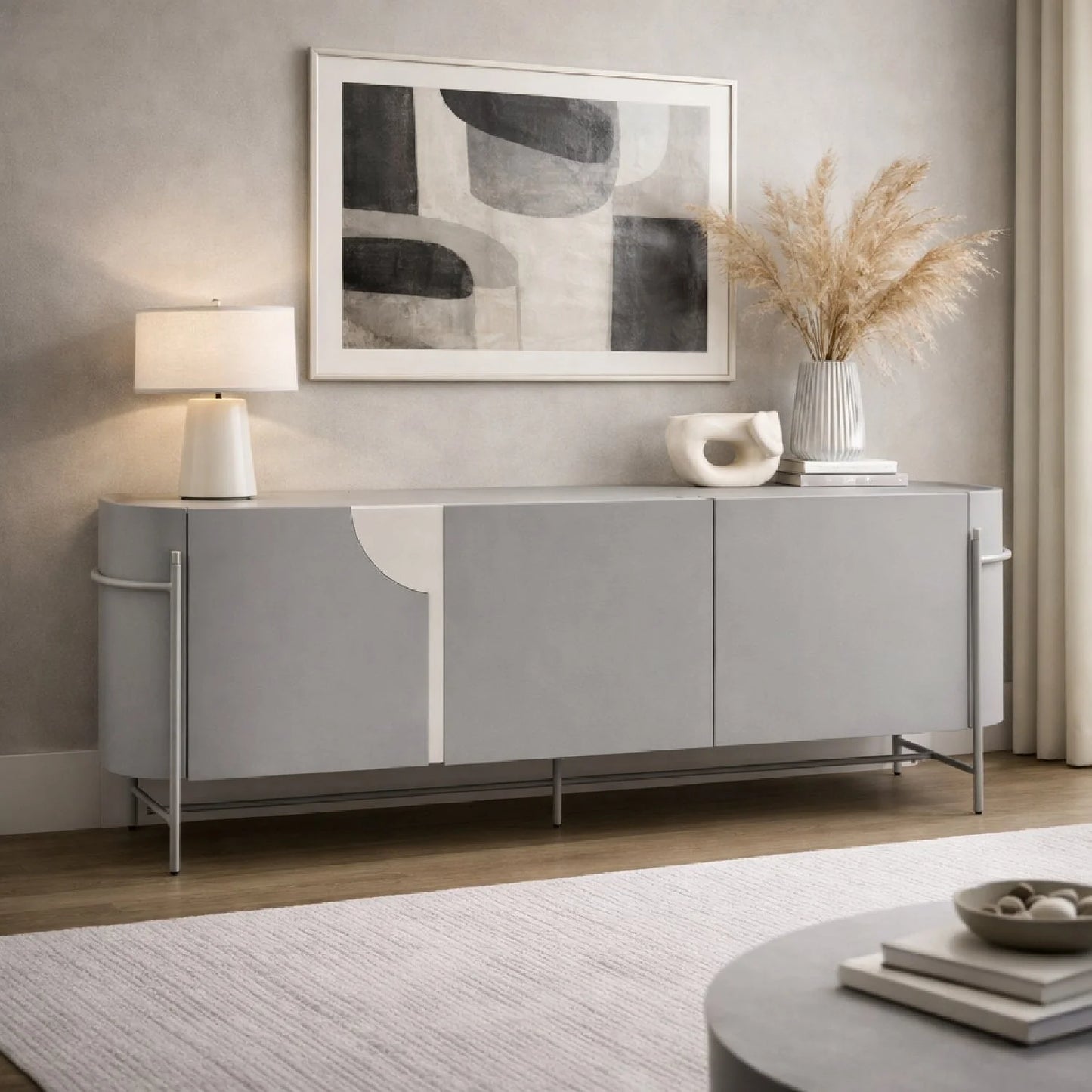 Luxury Matte Gray 3-Door Sideboard European Style for Villa
