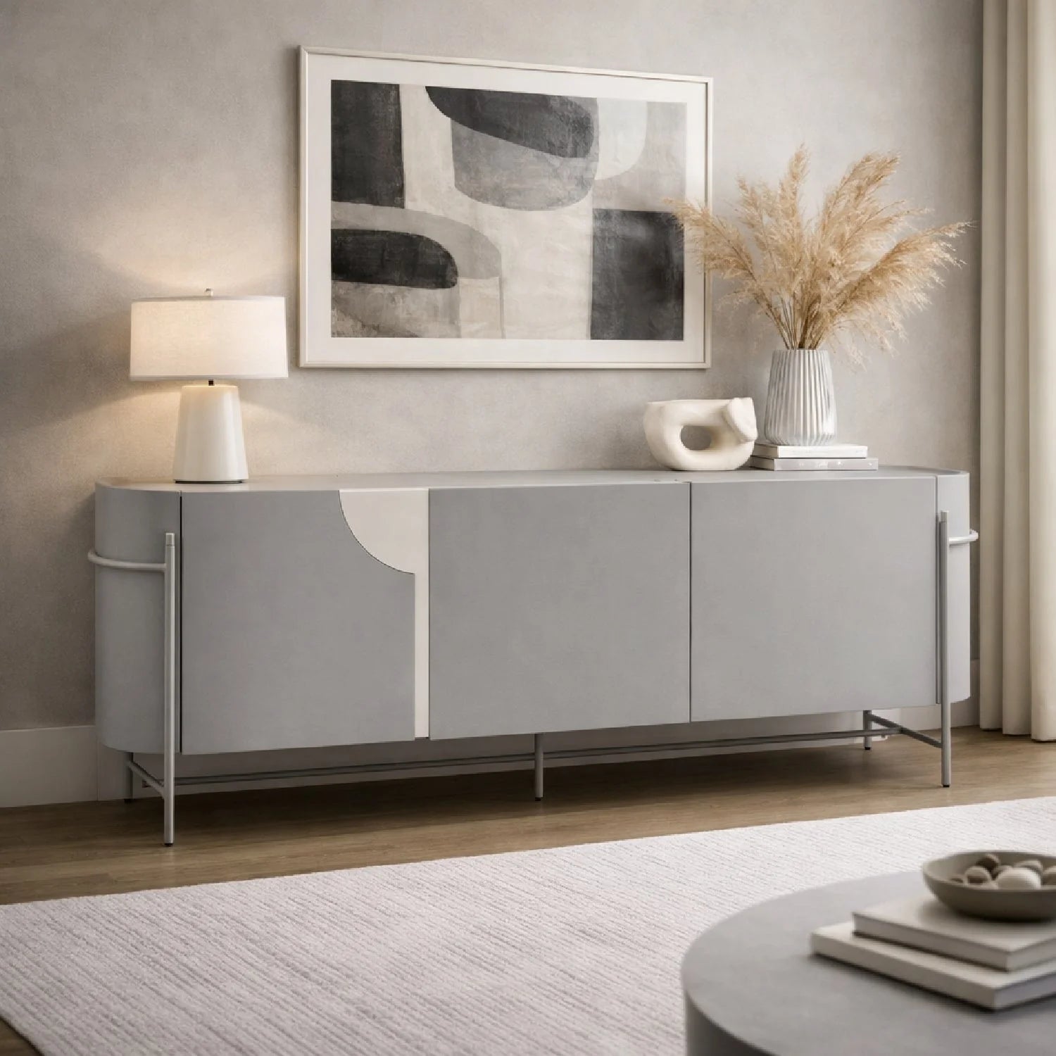 Luxury Matte Gray 3-Door Sideboard European Style for Villa