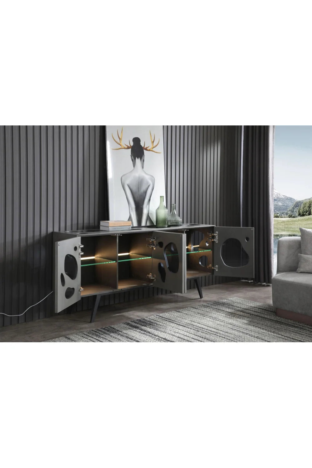 Luxury Matte Gray 4-Door Sideboard European Style for Villa