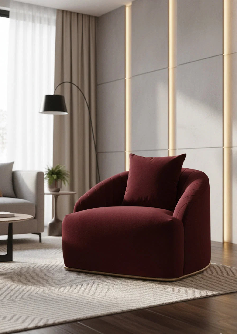 Luxury Merlot Velvet Channel-Tufted Lounge Chair Modern Italian Style for Villa