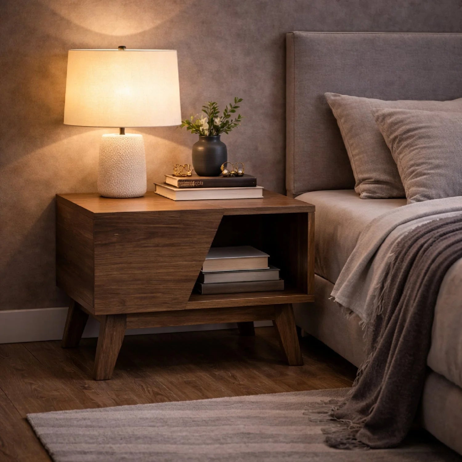 Luxury Modern Abelard 1-Drawer Walnut Nightstand European Style for Villa