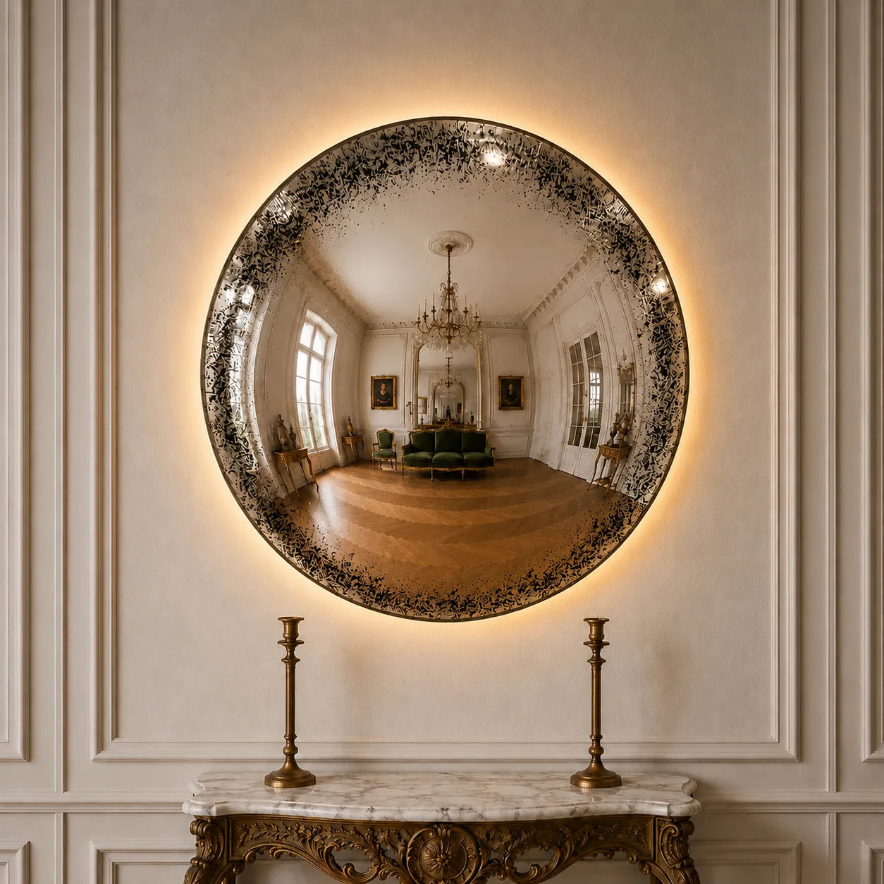 Luxury Modern Antiqued Mercury Halo Glow Mirror European Style for Villa