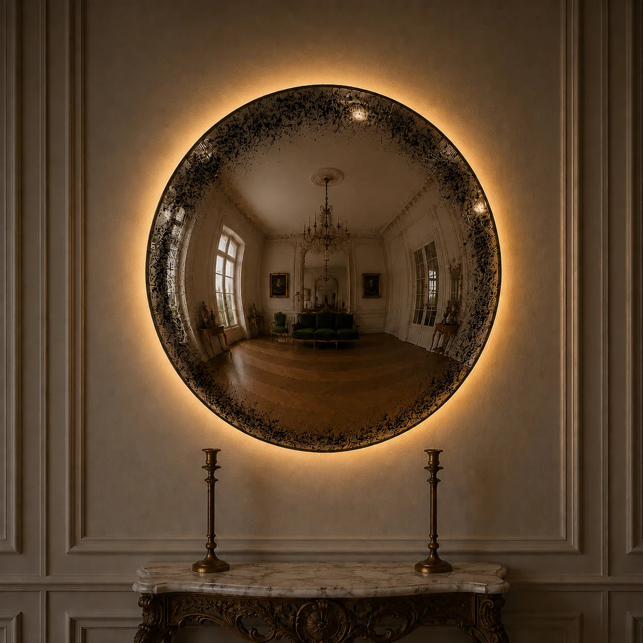 Luxury Modern Antiqued Mercury Halo Glow Mirror European Style for Villa