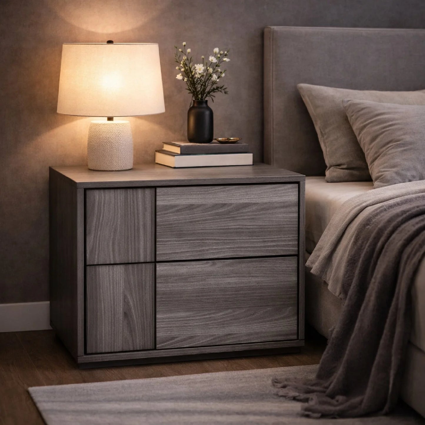 Luxury Modern Asus 2-Drawer Gray Elm Nightstand European Style for Villa