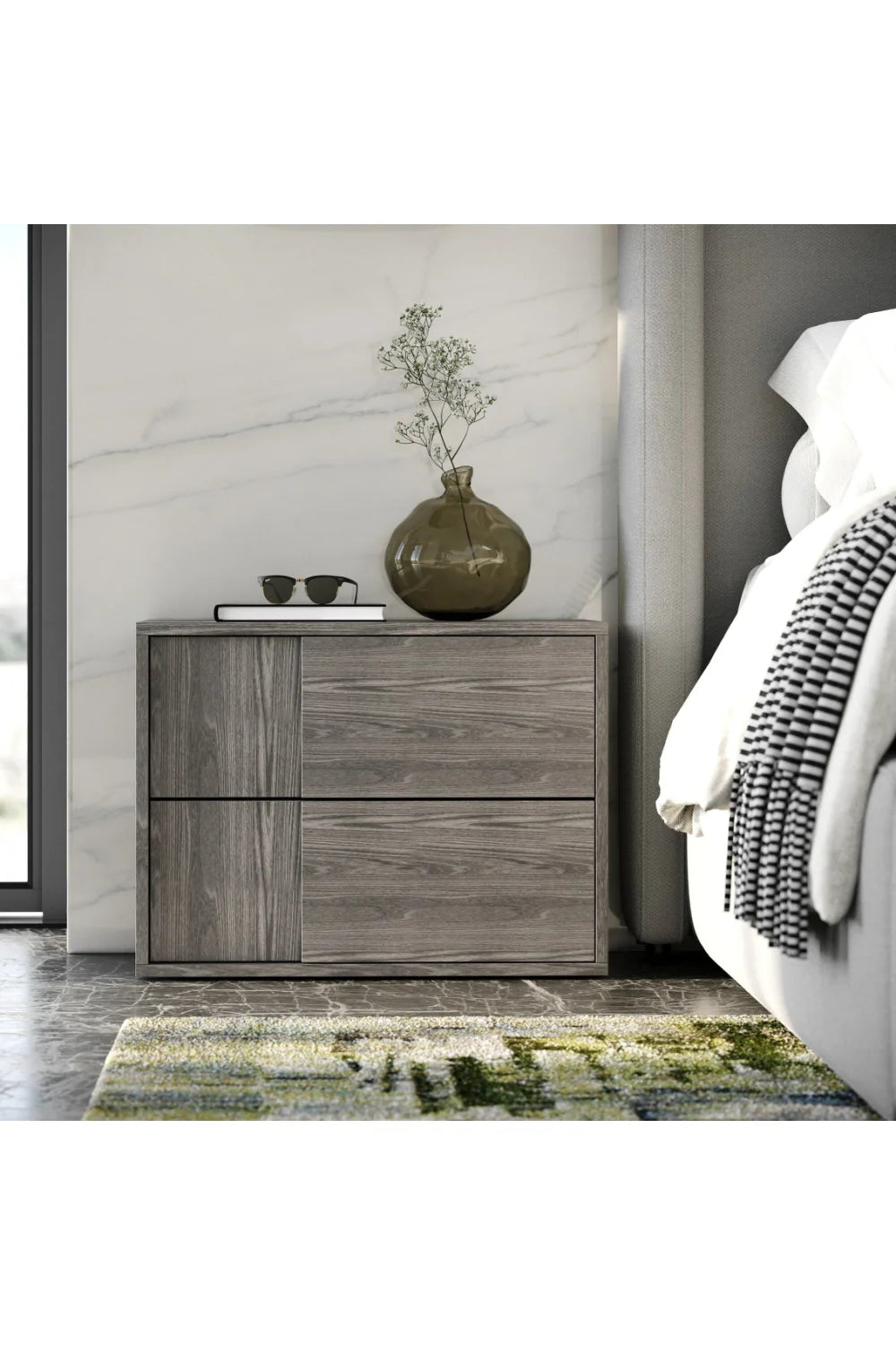 Luxury Modern Asus 2-Drawer Gray Elm Nightstand European Style for Villa