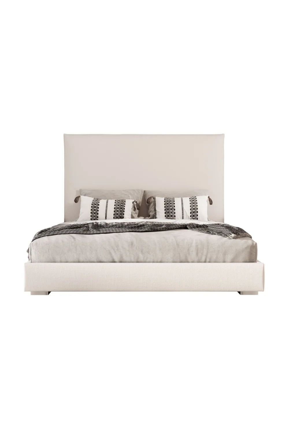 Luxury Modern Beige Fabric High-Headboard Bed European Style for Villa