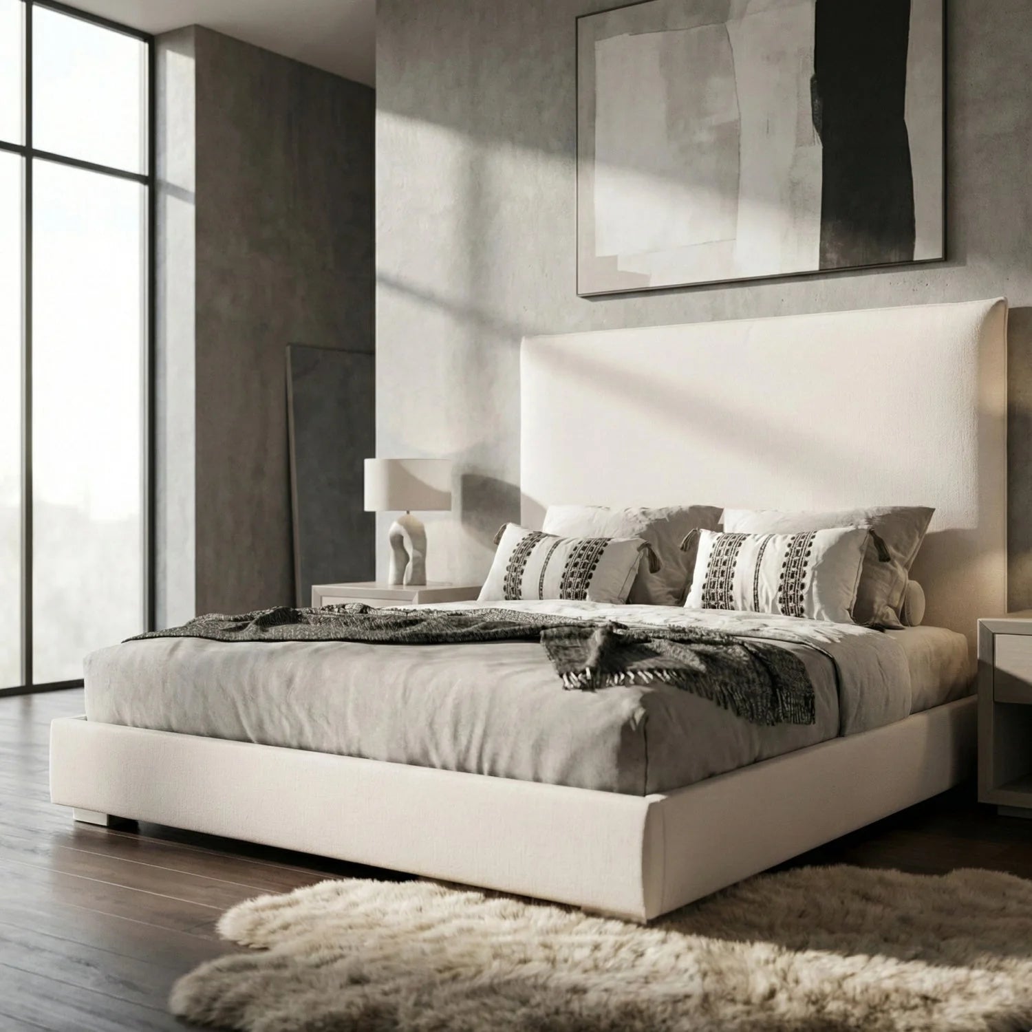 Luxury Modern Beige Fabric High-Headboard Bed European Style for Villa