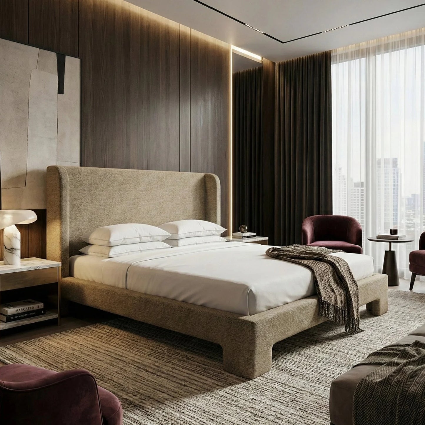 Luxury Modern Beige Fabric Queen Bed European Style for Villa