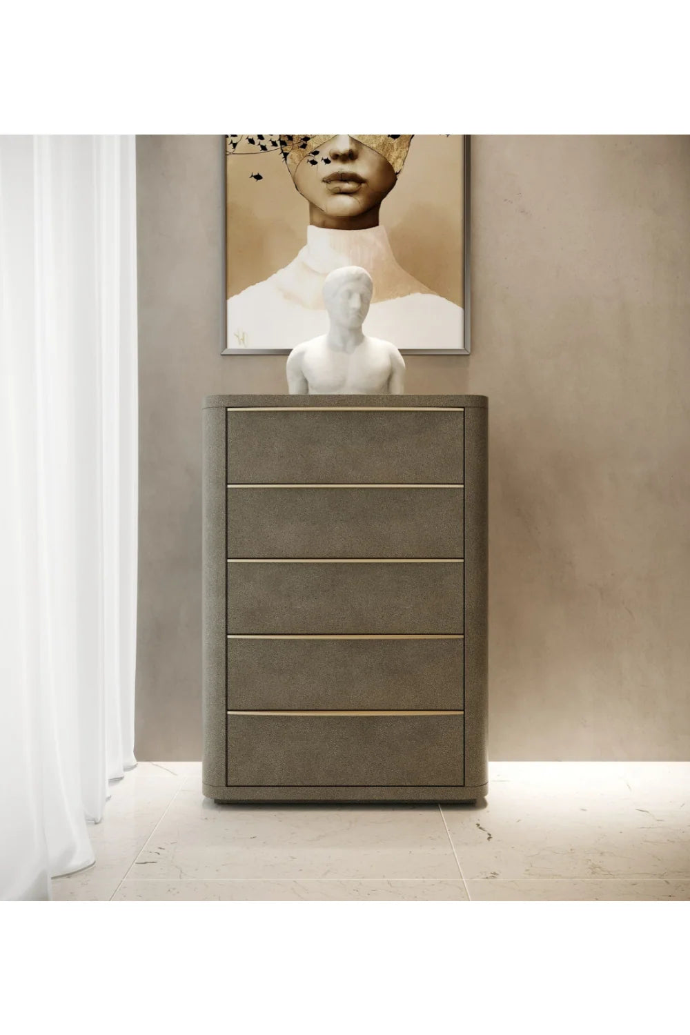 Luxury Modern Beige Shagreen 5-Drawer Chest European Style for Villa