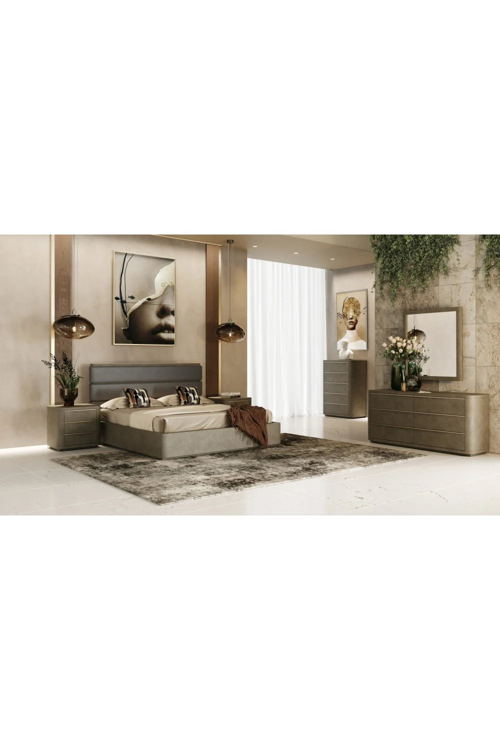 Luxury Modern Beige Shagreen 5-Drawer Chest European Style for Villa