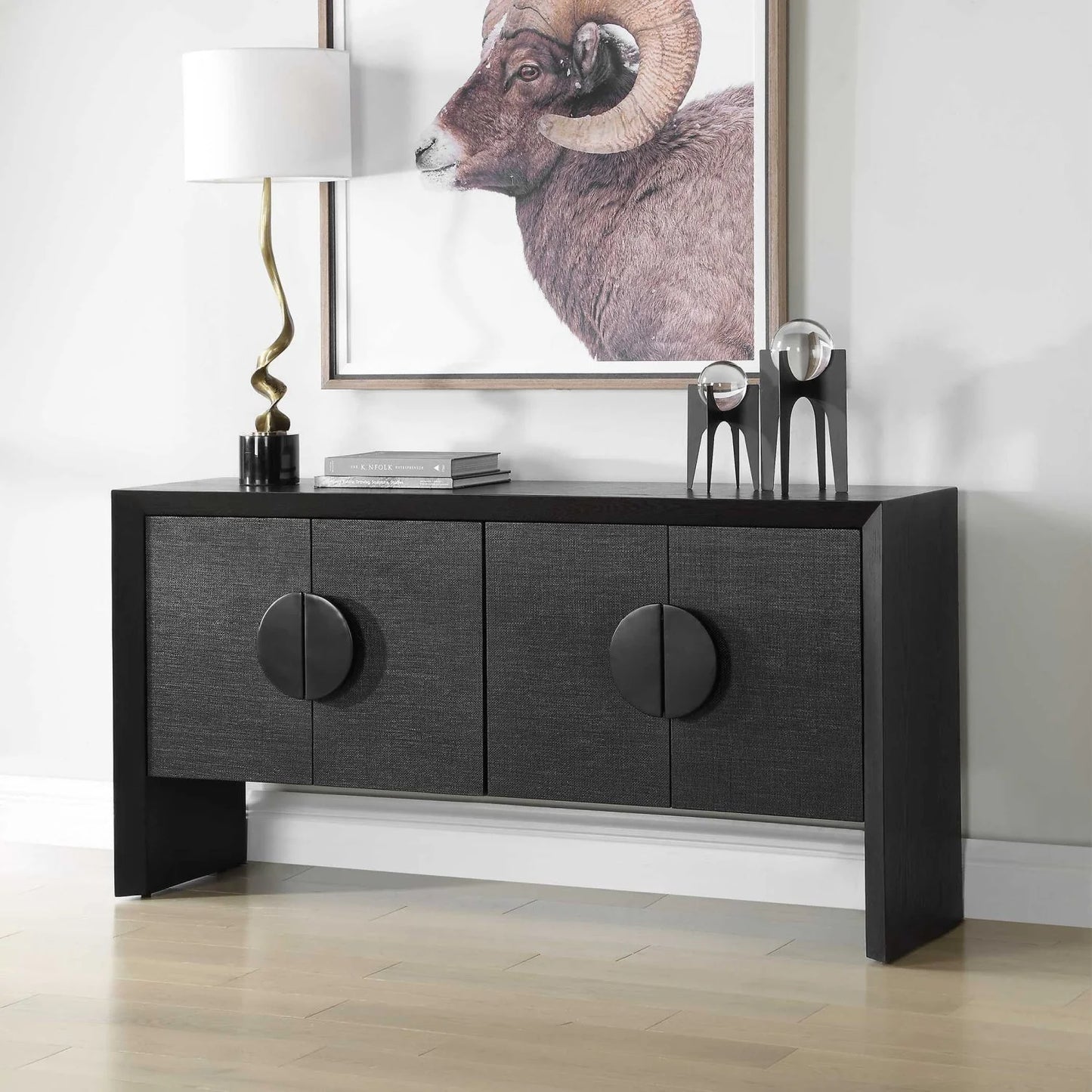 Luxury Modern Black Grasscloth 4-Door Cabinet European Style for Villa