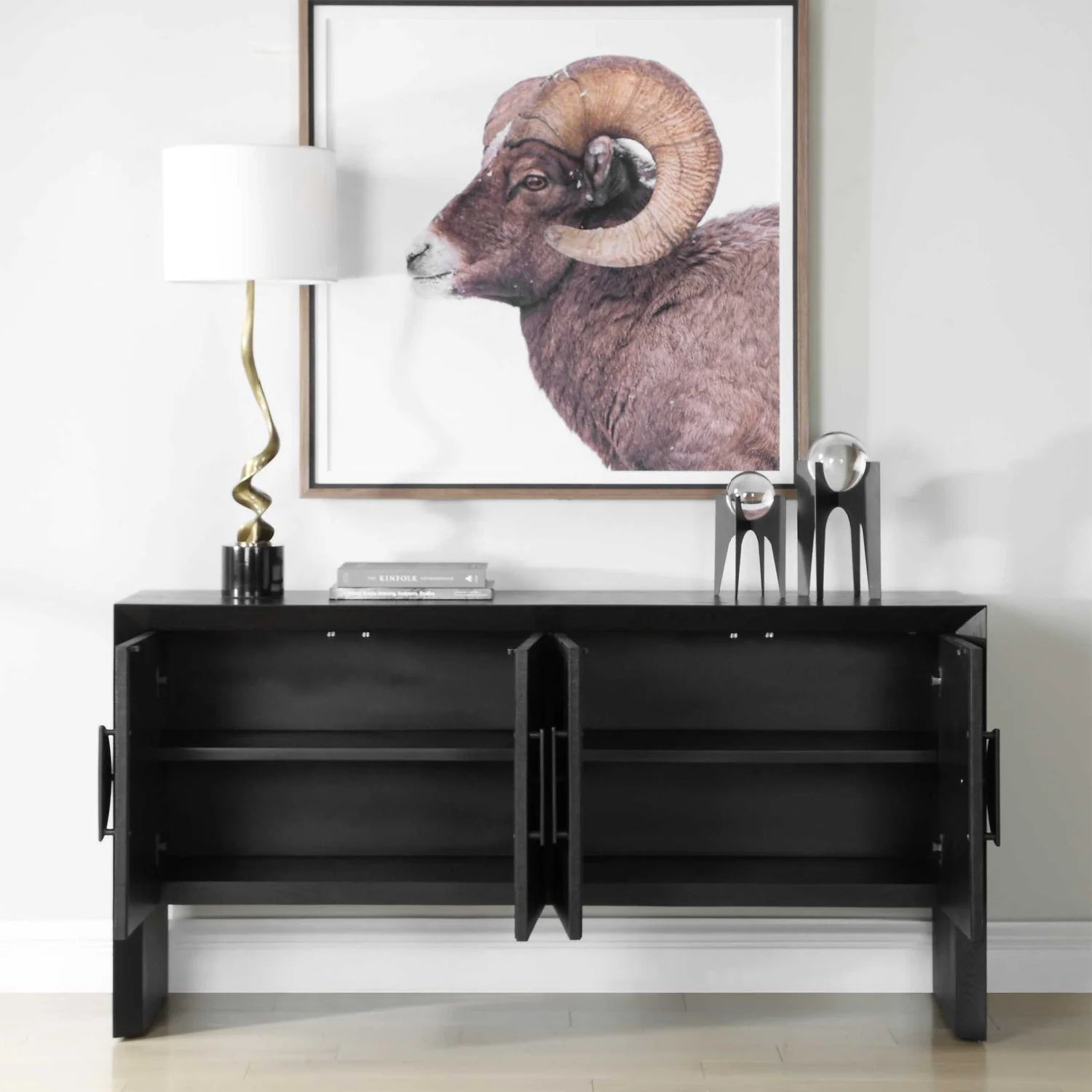 Luxury Modern Black Grasscloth 4-Door Cabinet European Style for Villa