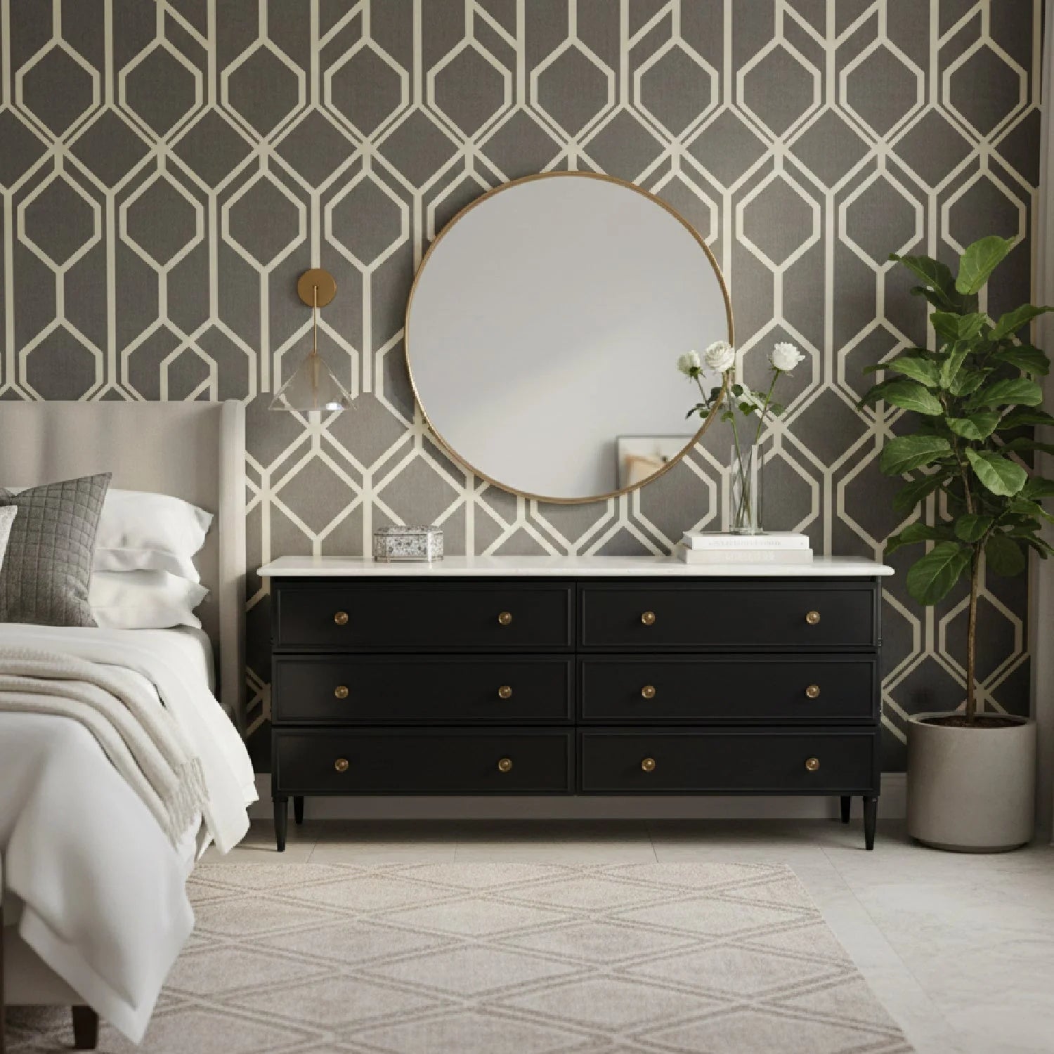 Luxury Modern Black Marble 6-Drawer Chest European Style for Villa