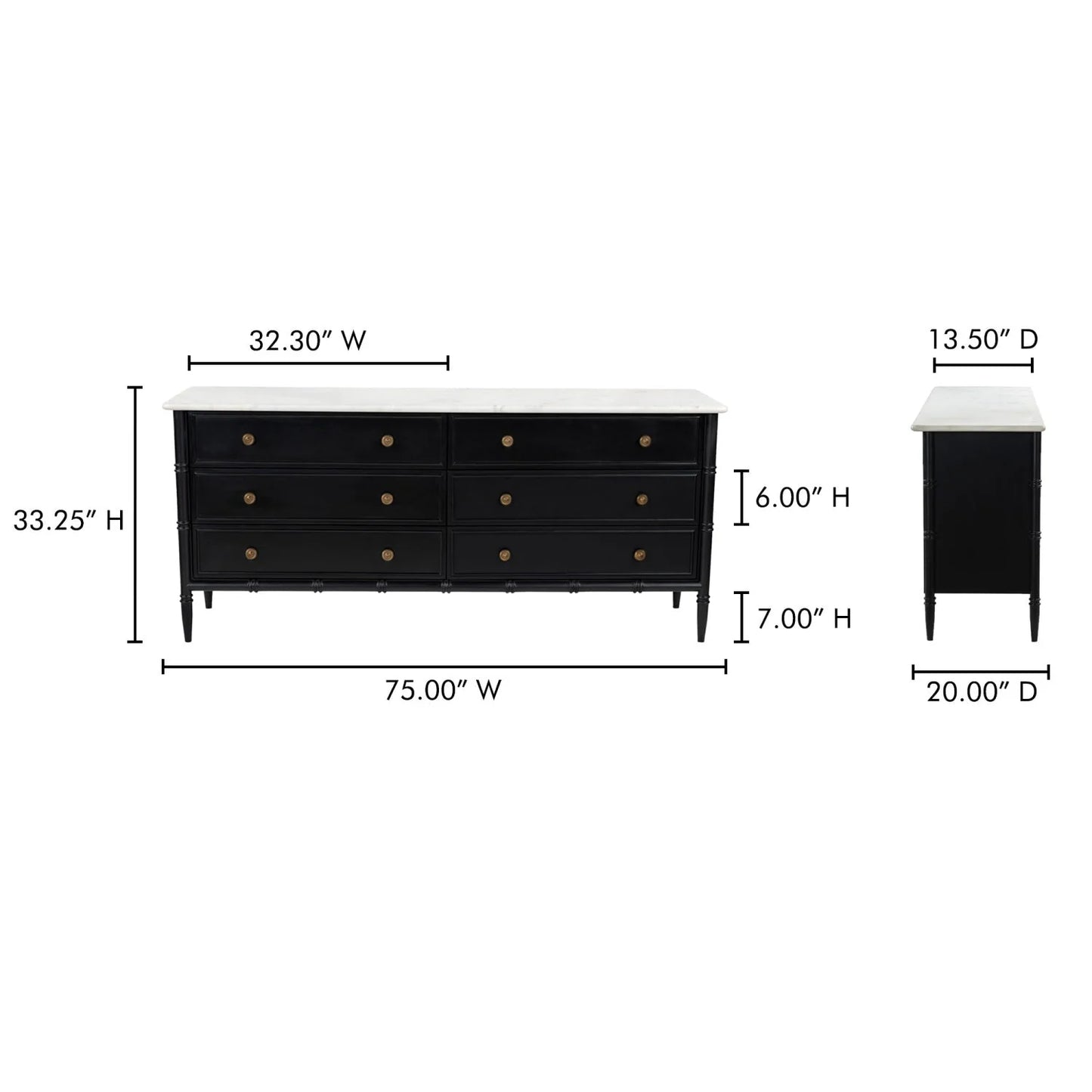 Luxury Modern Black Marble 6-Drawer Chest European Style for Villa