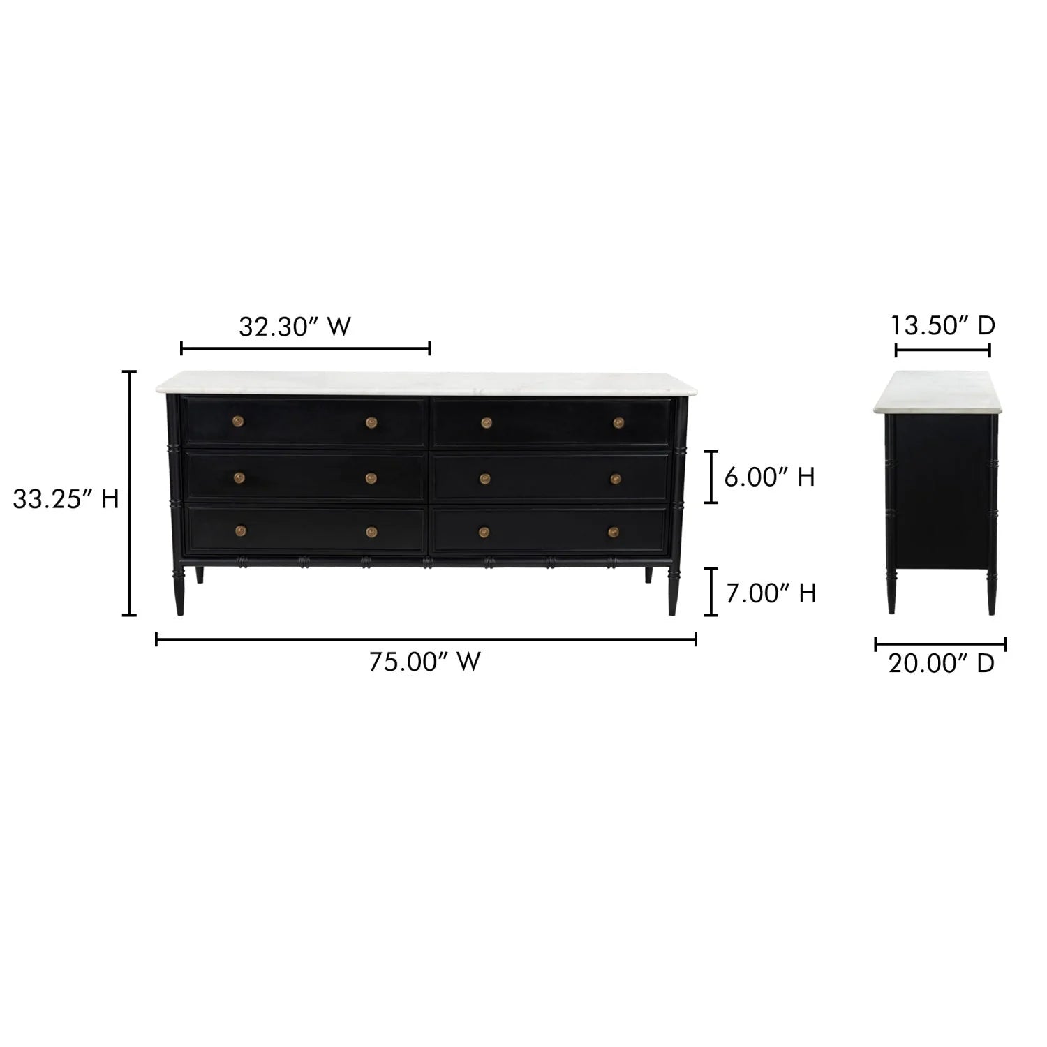 Luxury Modern Black Marble 6-Drawer Chest European Style for Villa