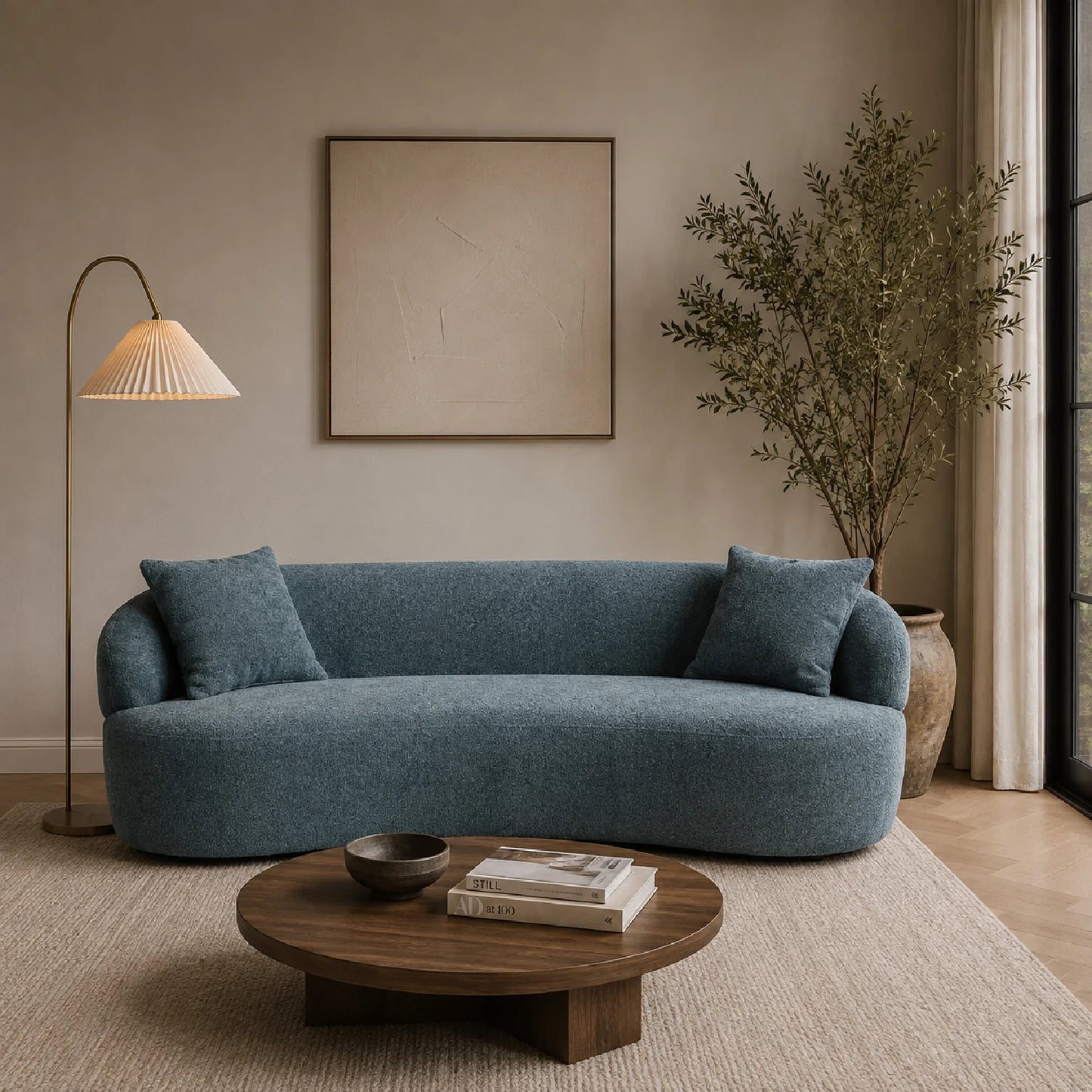 Luxury Modern Blue Curved 3 Seater Sofa Modern Italian Style for Villa