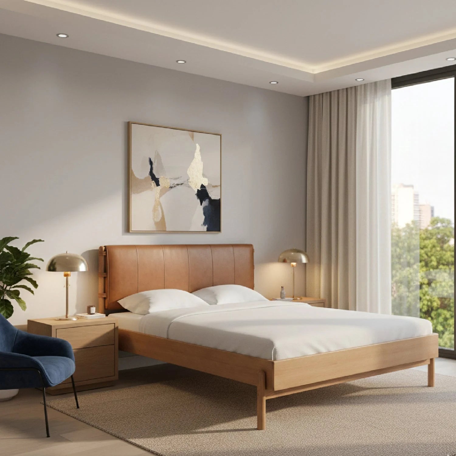 Luxury Modern Brown Leather Bed European Style for Villa