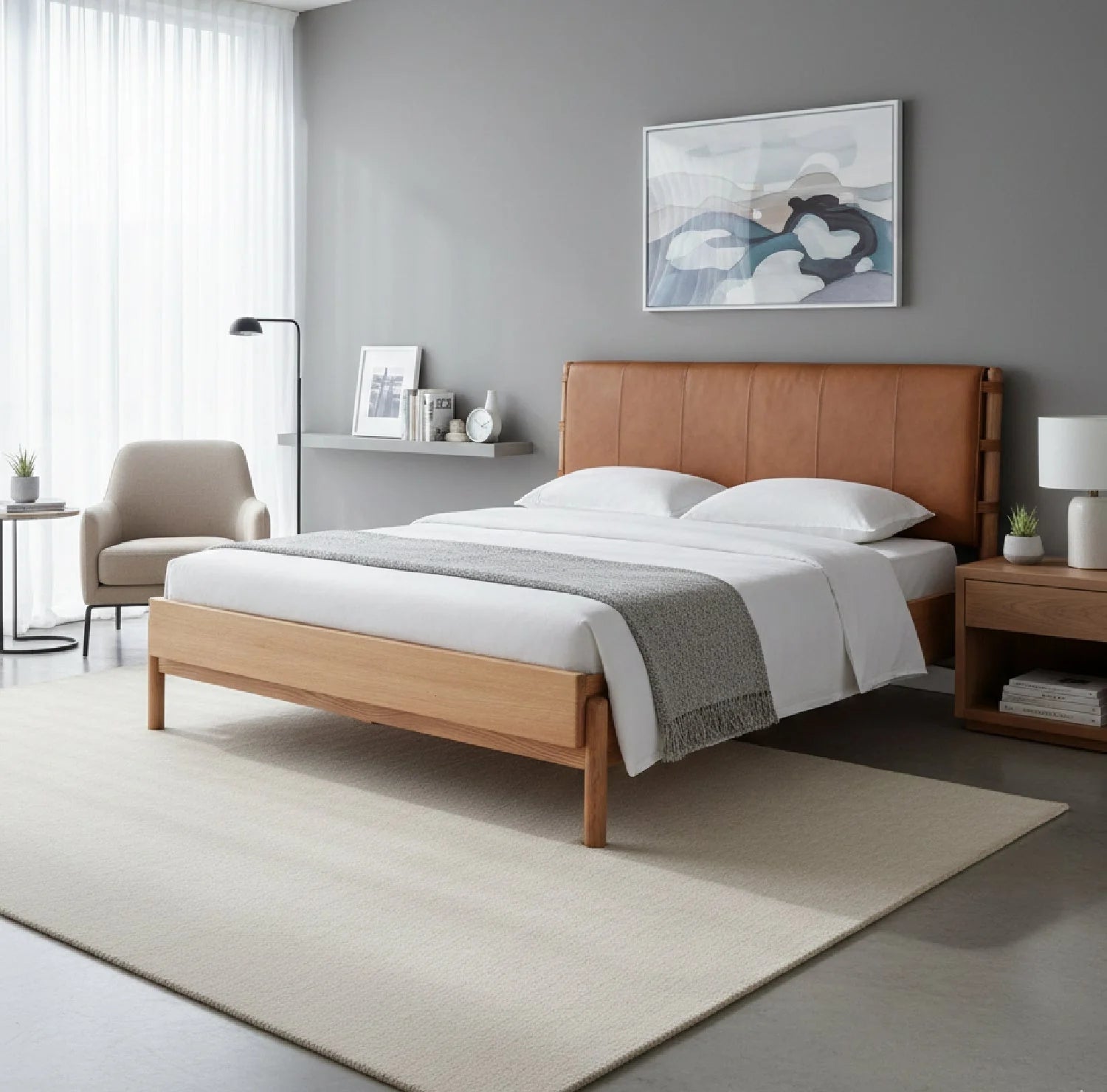 Luxury Modern Brown Leather Bed European Style for Villa