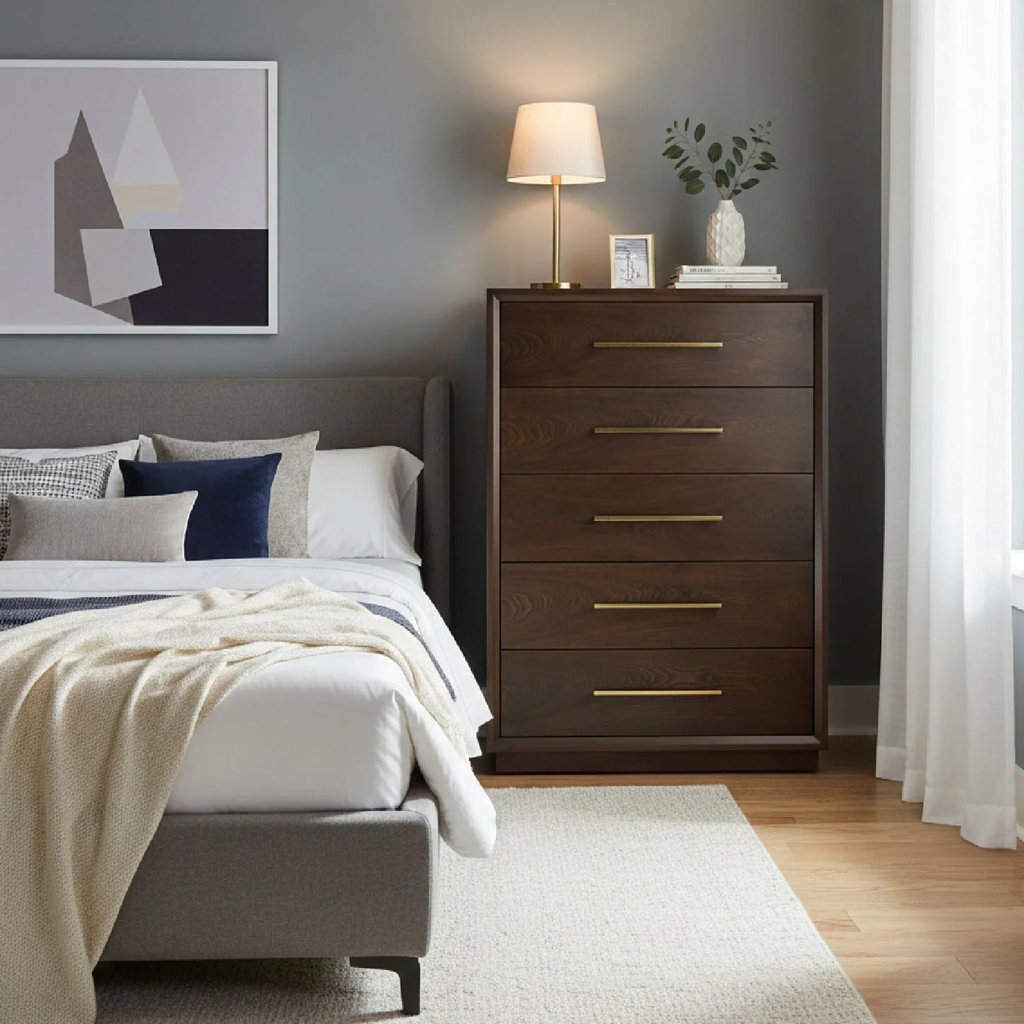 Luxury Modern Brown Oak 5-Drawer Chest European Style for Villa