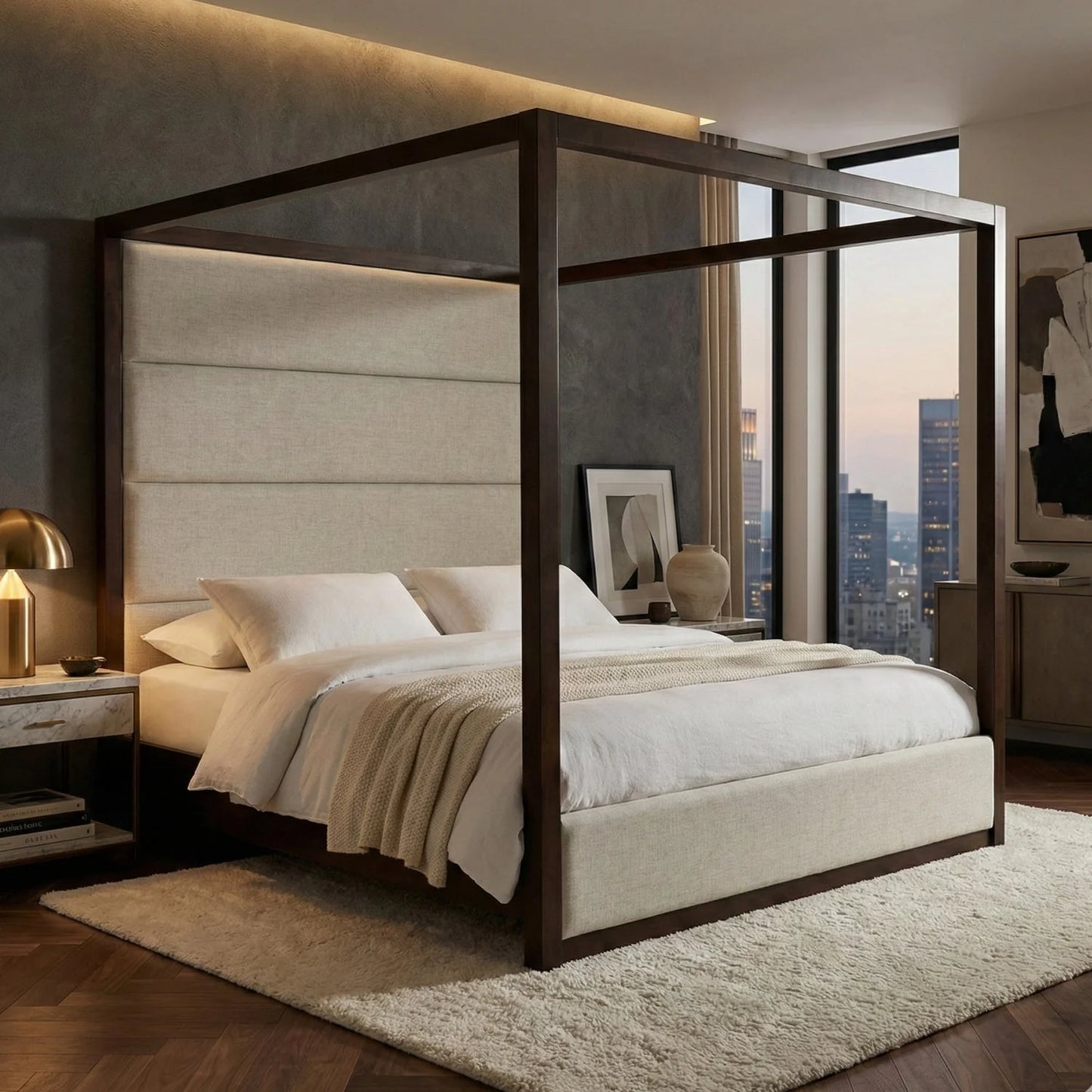 Luxury Modern Brown Oak Canopy Bed European Style for Villa