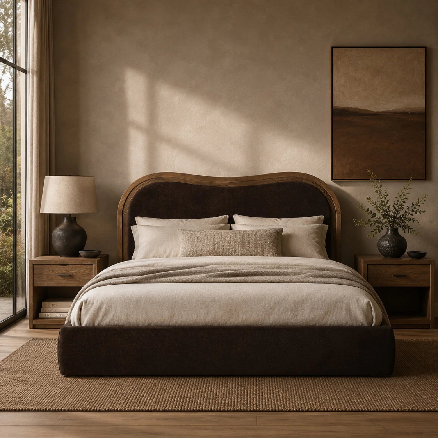 Luxury Modern Brown Upholstered Bed European Style for Villa