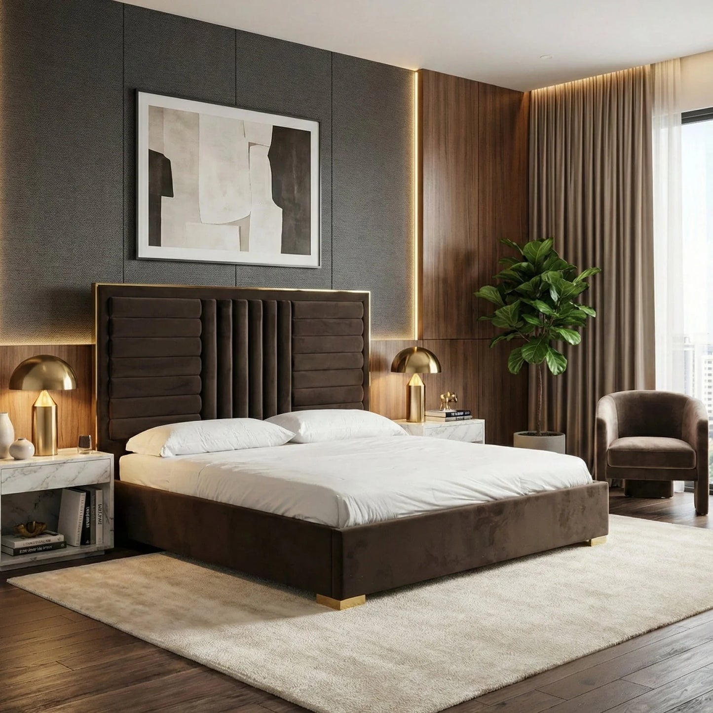 Luxury Modern Brown Velvet Bed European Style for Villa