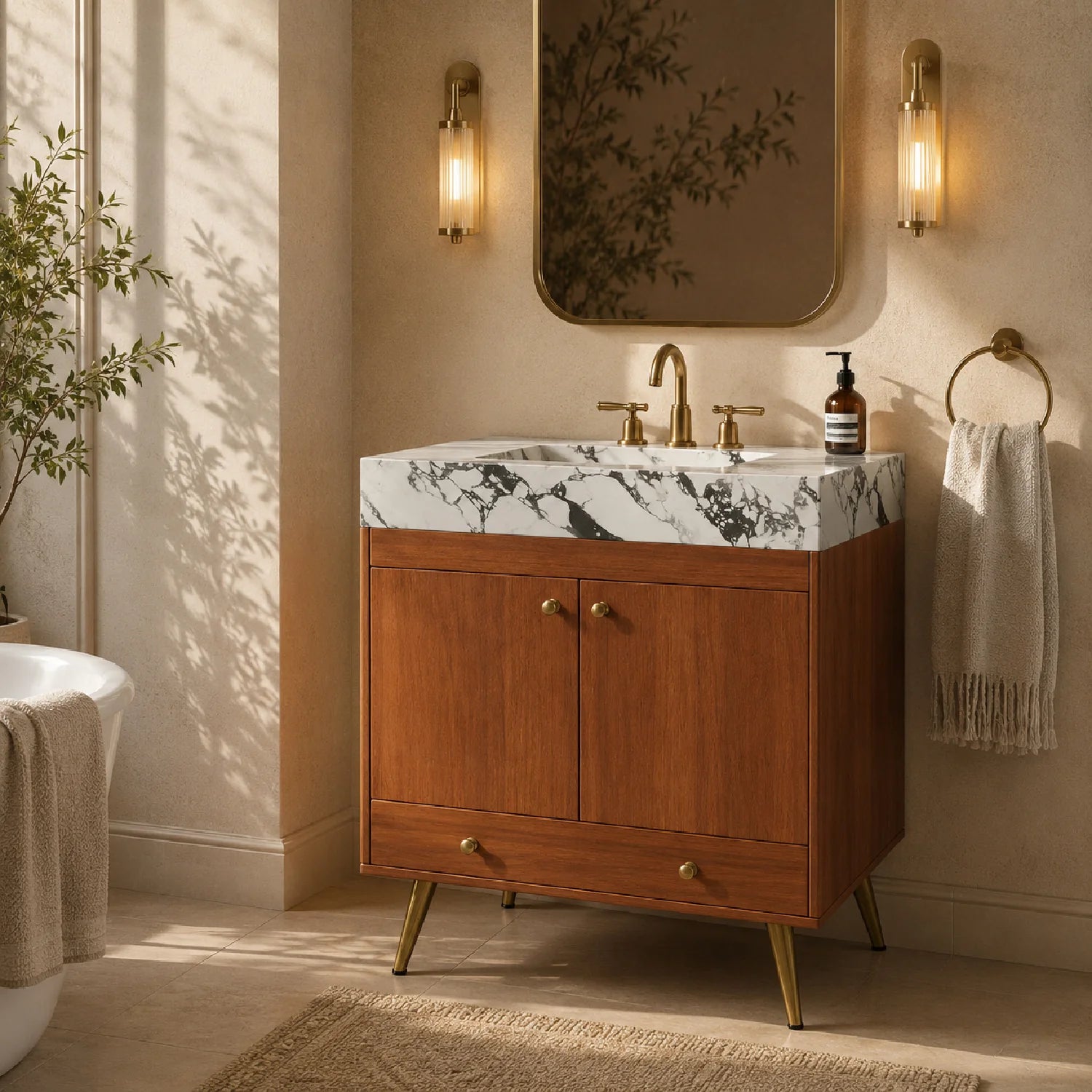 Luxury Modern Brown Wood Bathroom Vanity European Style for Villa