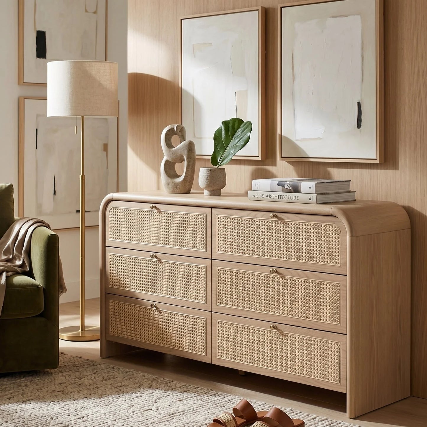 Luxury Modern Cane Detail 6-Drawer Dresser European Style for Villa