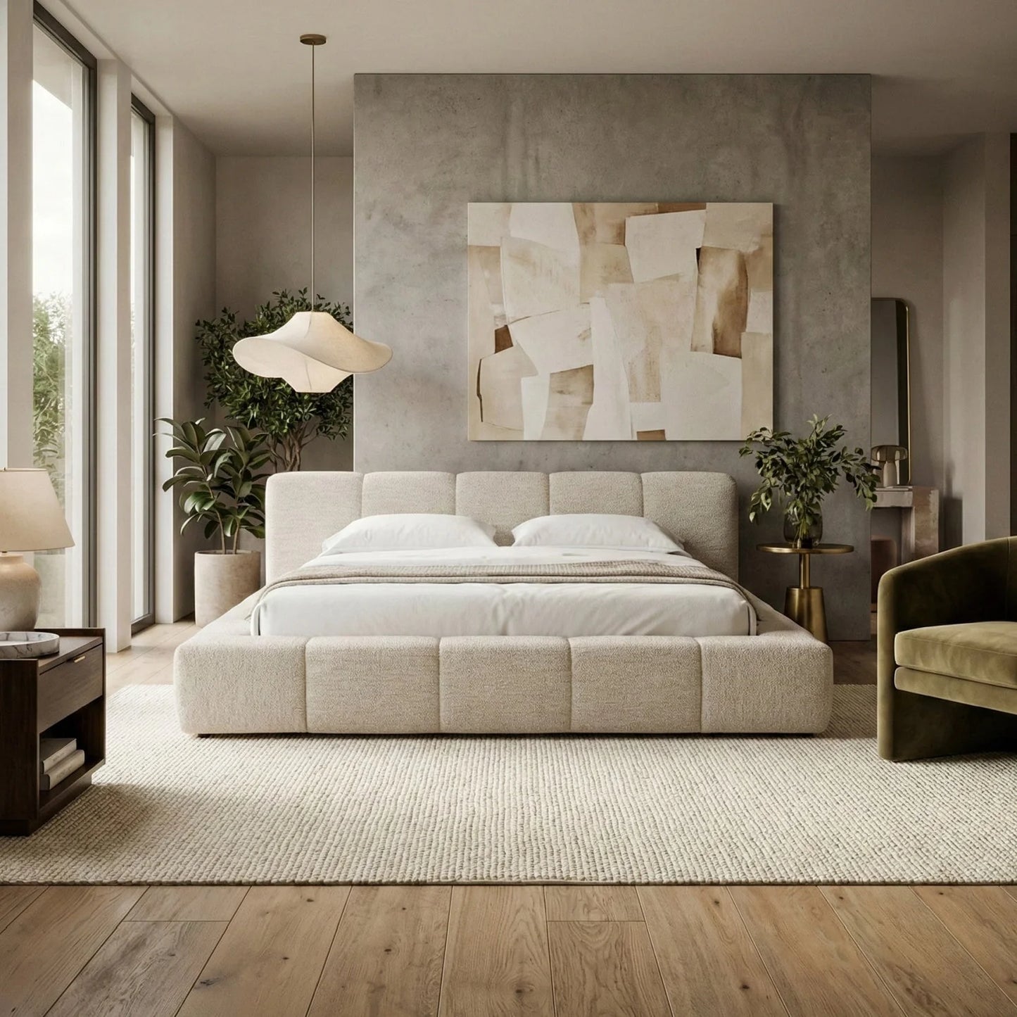 Luxury Modern Channel Tufted Cream Bed European Style for Villa