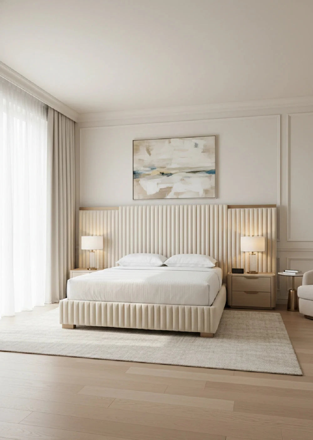 Luxury Modern Channeled Fabric King Bed European Style for Villa