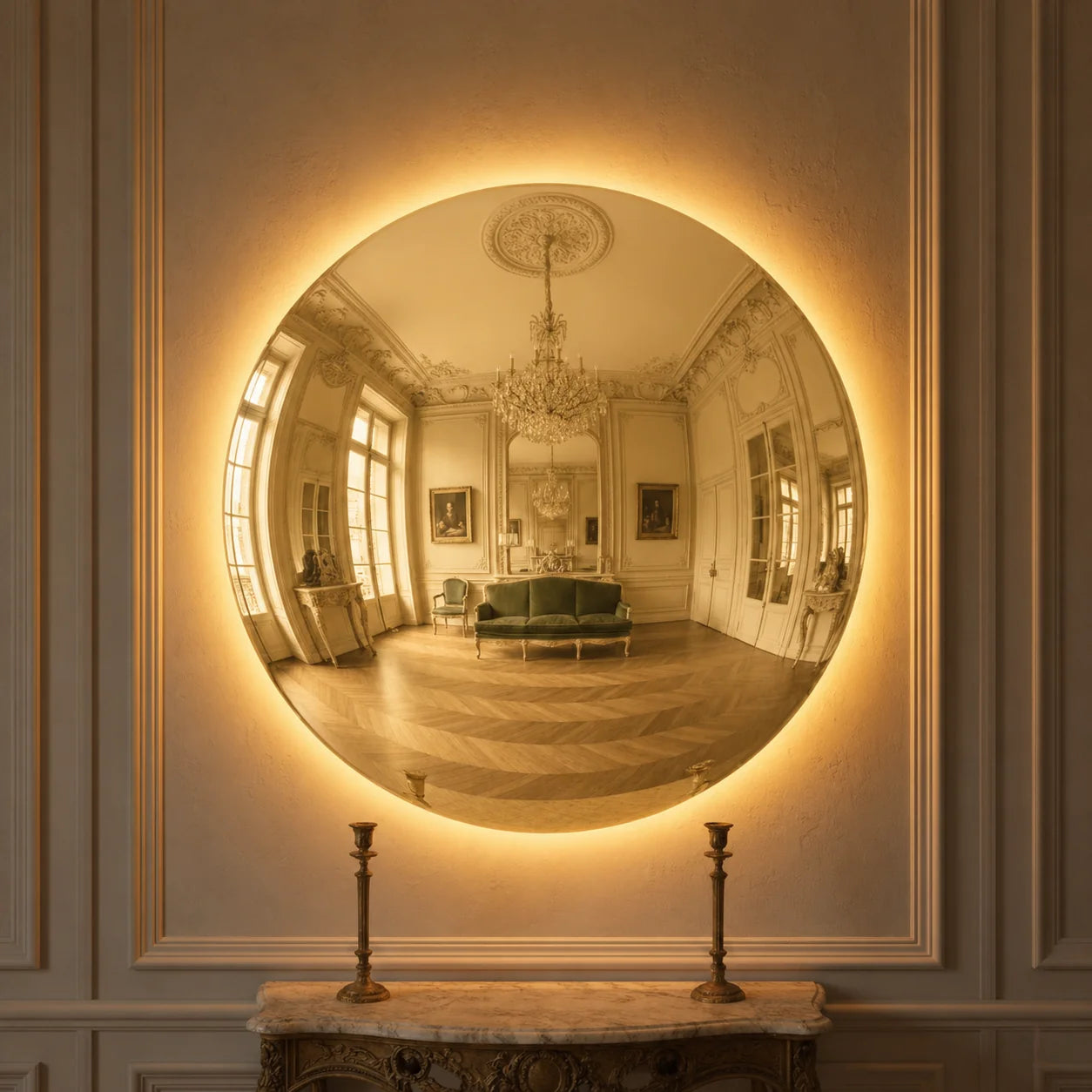 Luxury Modern Convex Glow Golden Halo Mirror European Style for Villa