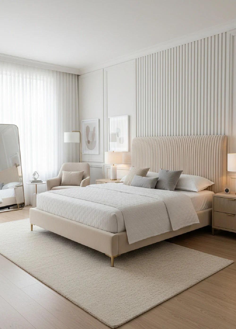 Luxury Modern Cream Tufted Fabric King Bed European Style for Villa