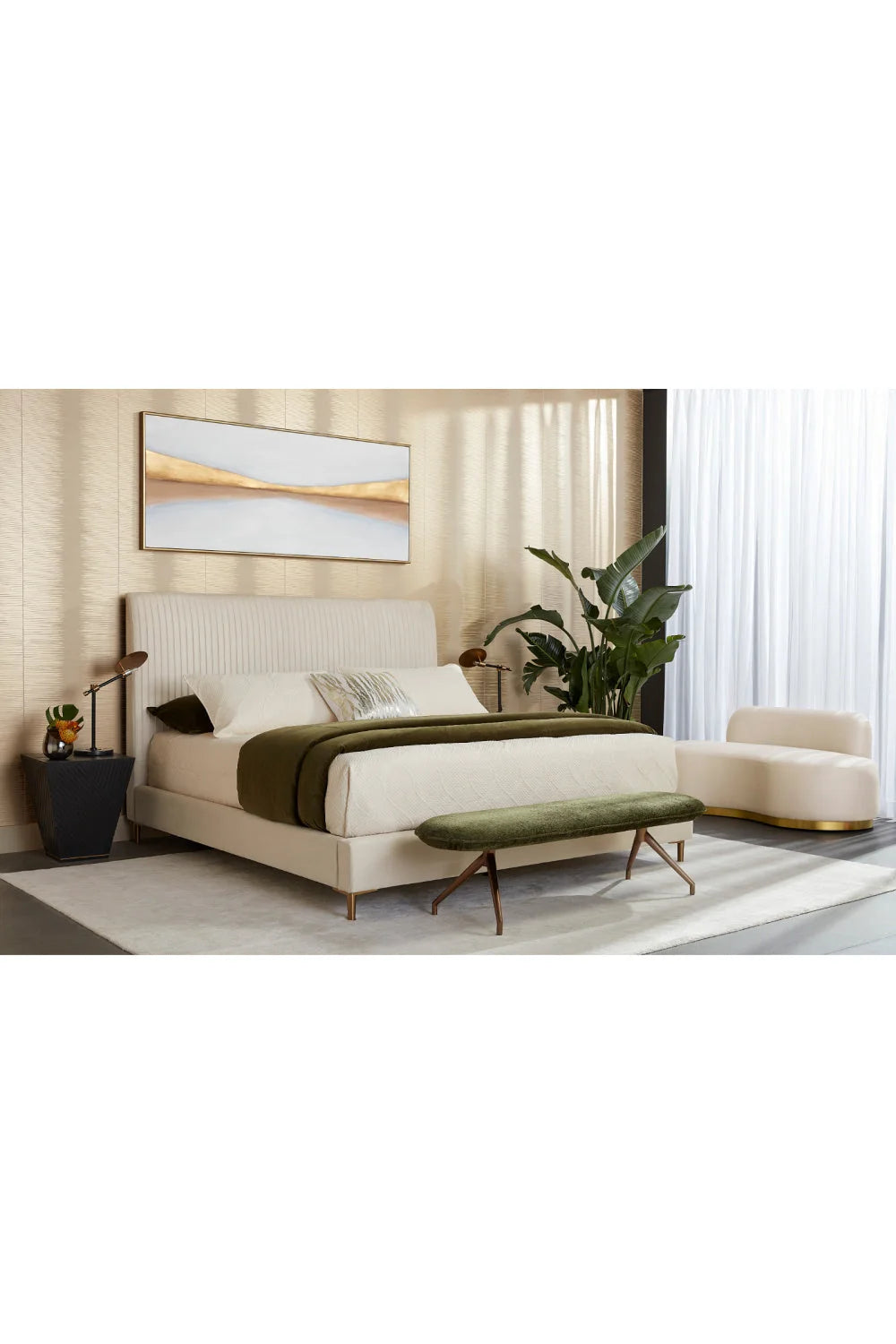 Luxury Modern Cream Tufted Fabric King Bed European Style for Villa