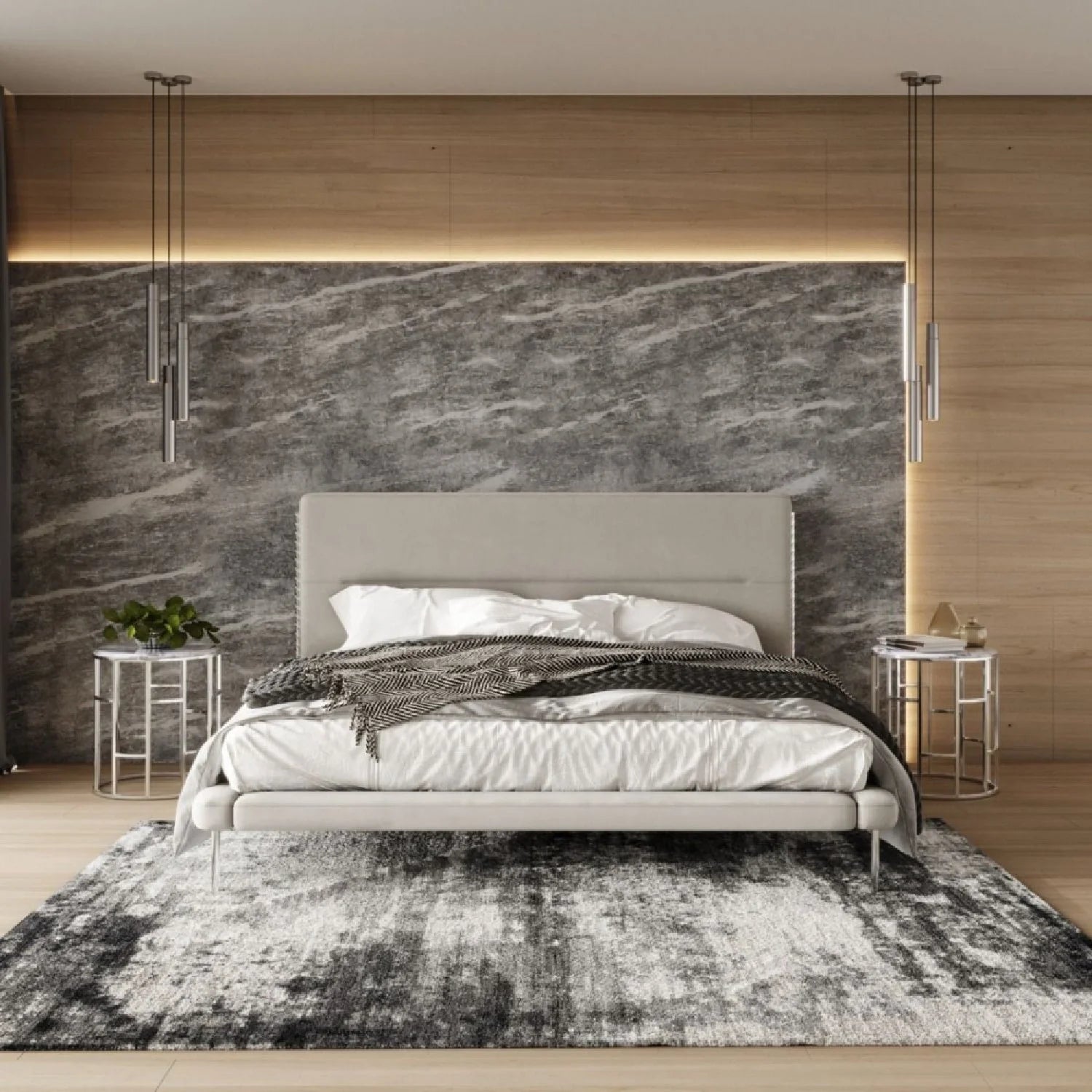 Luxury Modern Cream Woven Fabric Bed European Style for Villa