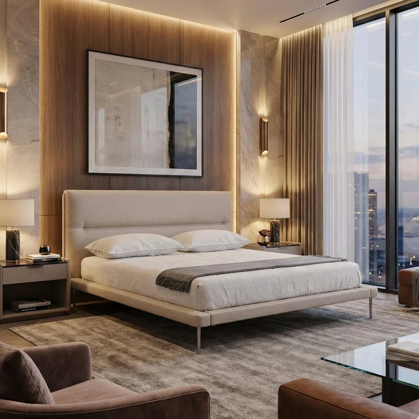 Luxury Modern Cream Woven Fabric Bed European Style for Villa
