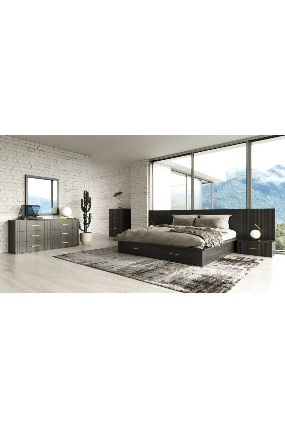 Luxury Modern Dark Gray 2-Drawer Storage Bed European Style for Villa