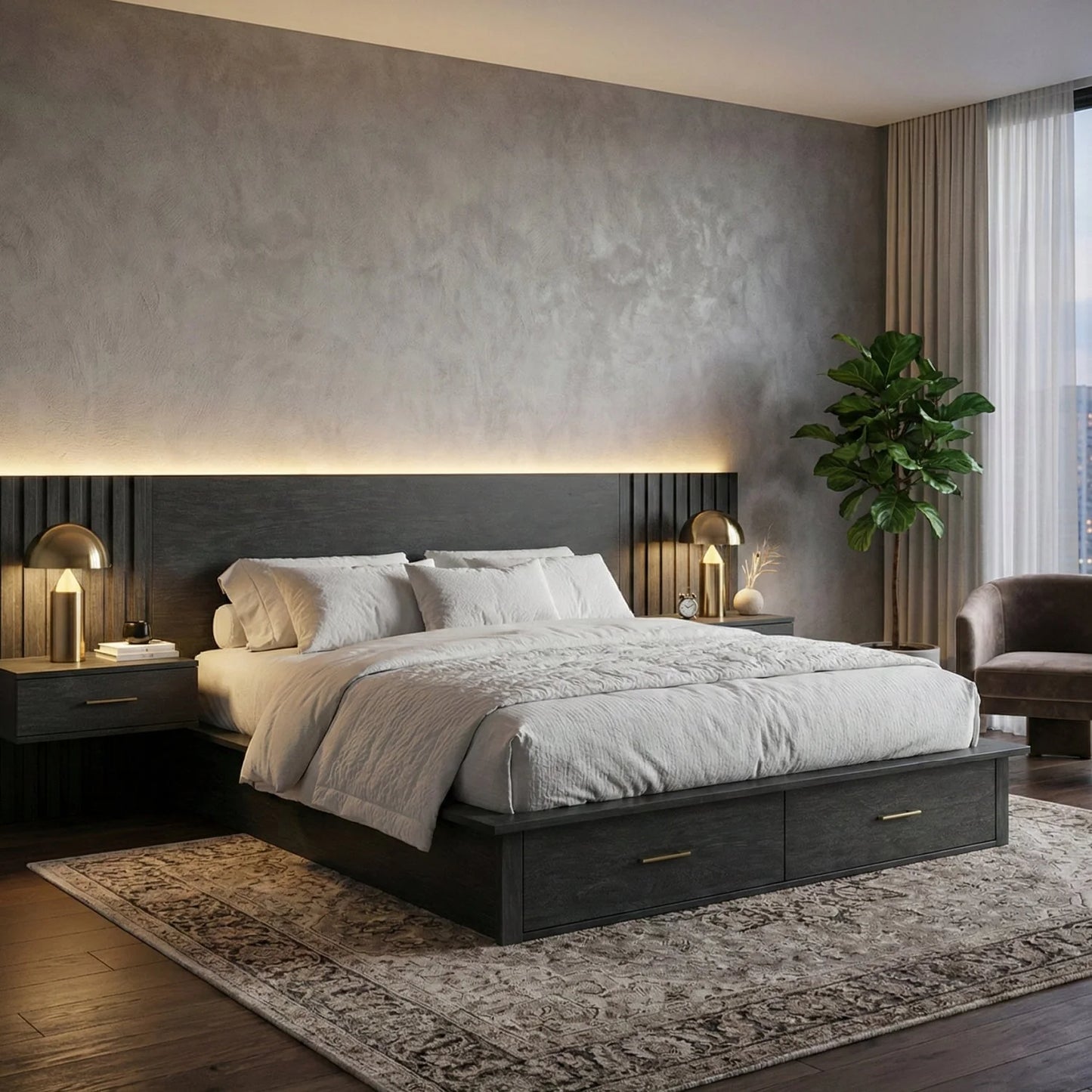 Luxury Modern Dark Gray 2-Drawer Storage Bed European Style for Villa