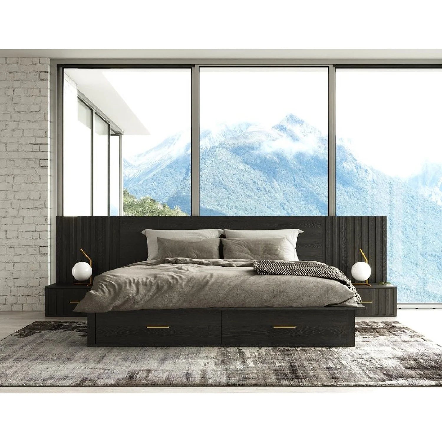 Luxury Modern Dark Gray 2-Drawer Storage Bed European Style for Villa